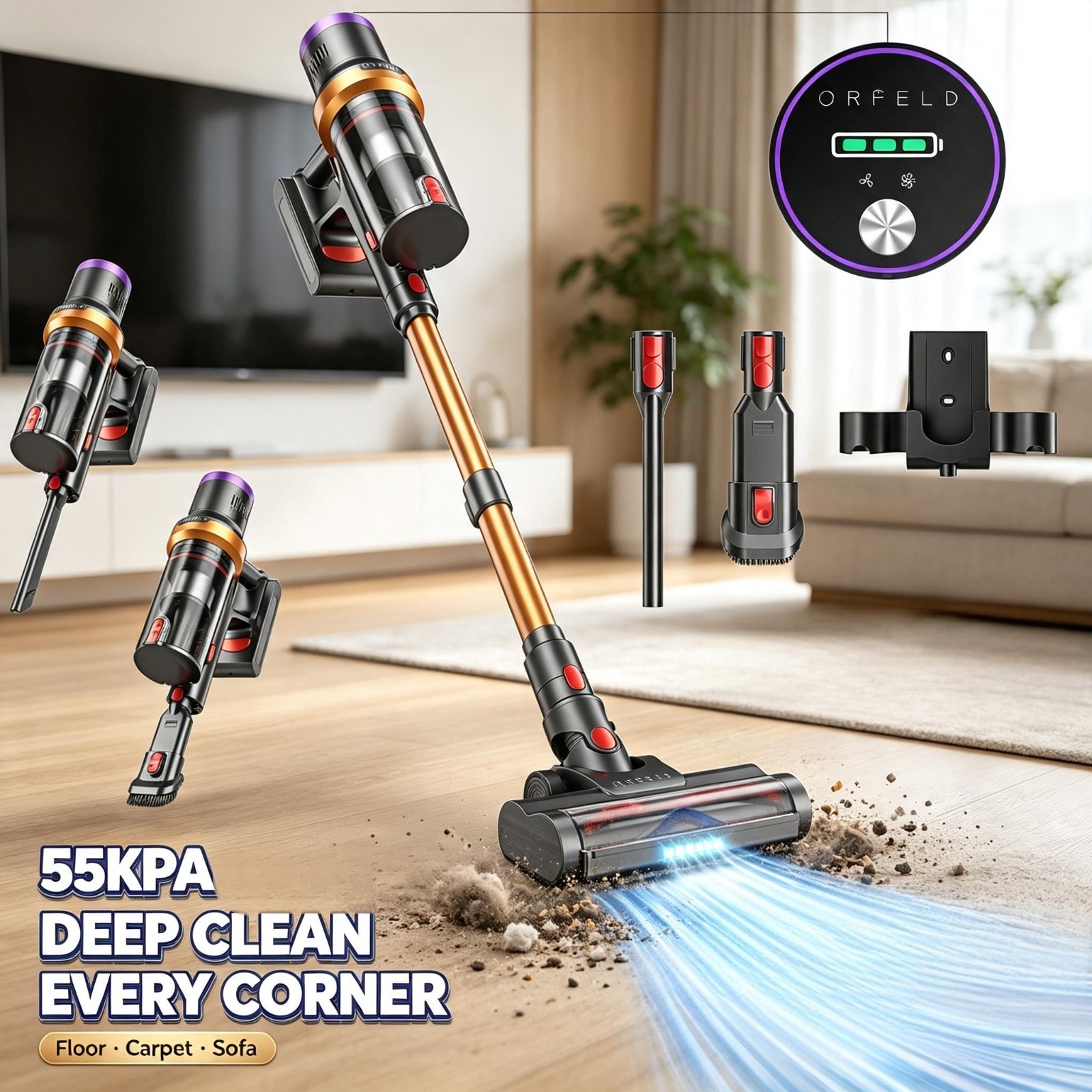 Cordless Vacuum Cleaner 55KPA Stick Lightweight for Wooden Hardwood Floor Carpet