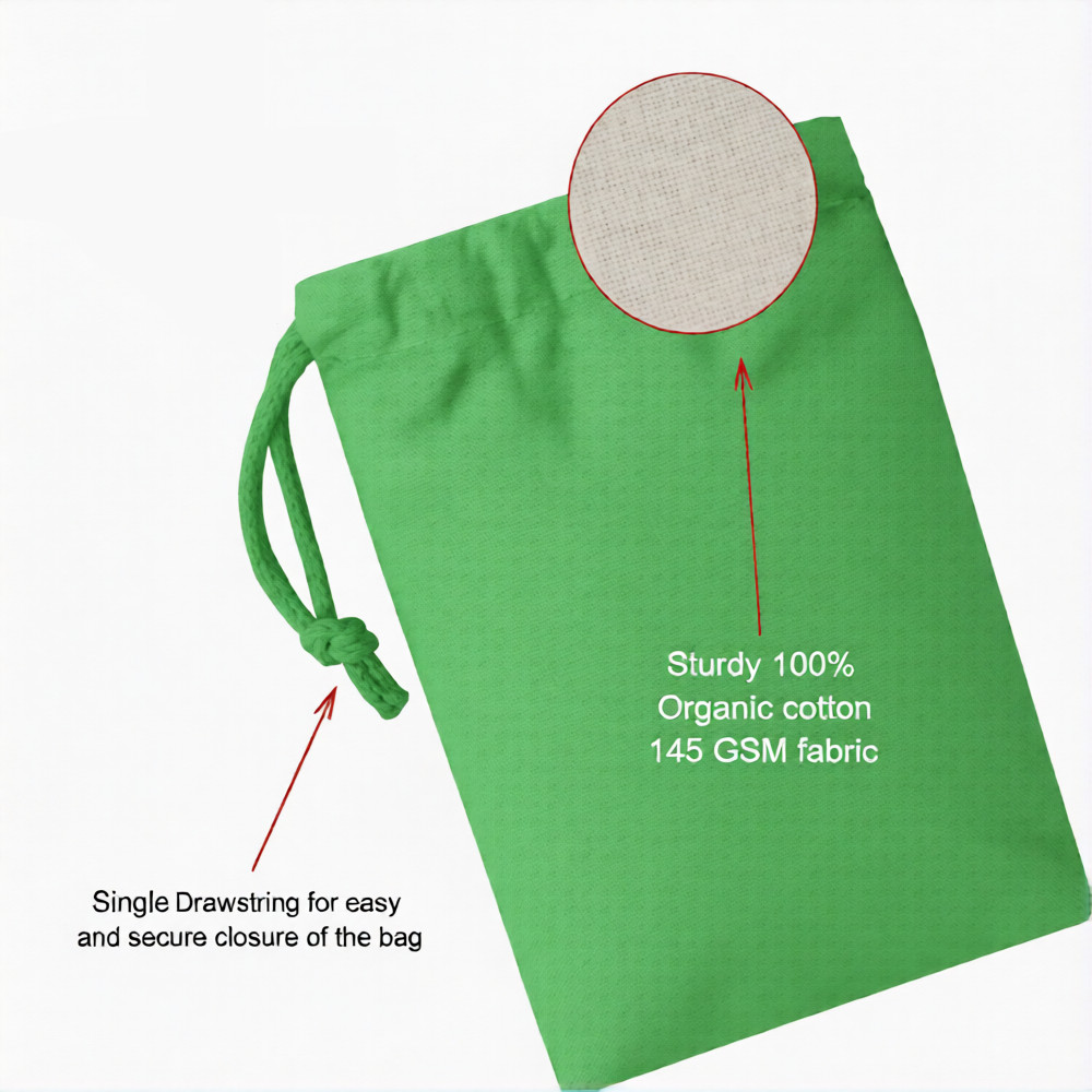 CharkaBags – 6 x 8 Inches Green Single Drawstring Reusable Washable Muslin Bags