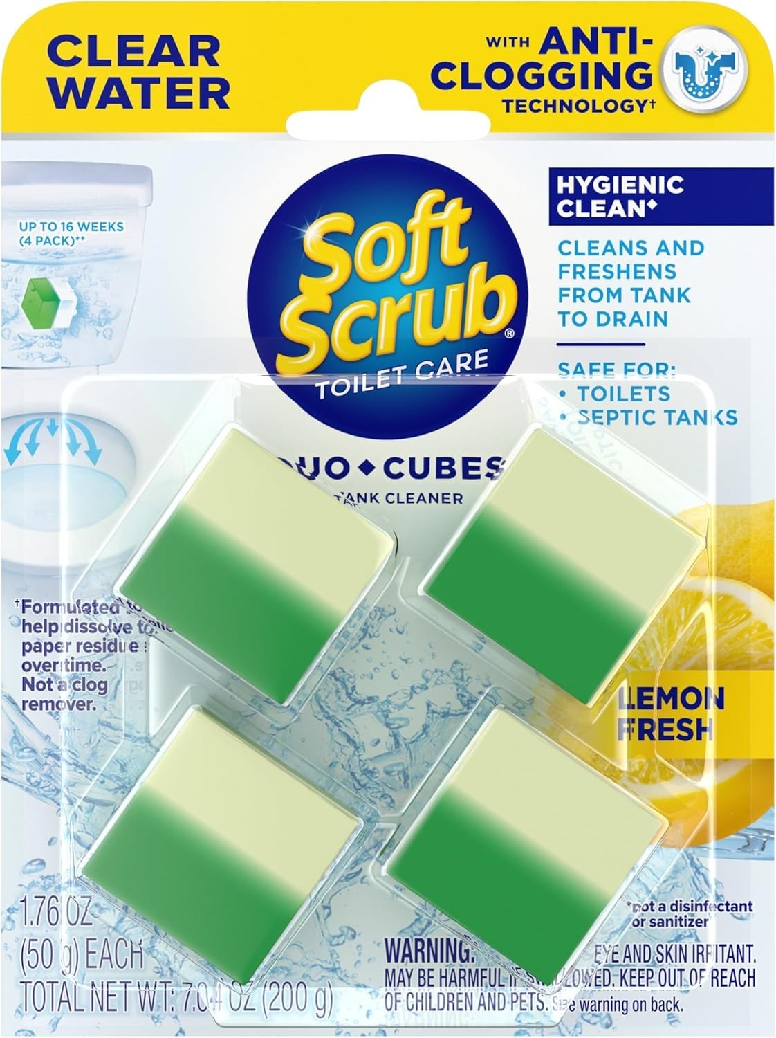 In-Tank Toilet Cleaner Duo-Cubes, Lemon Fresh, Clear Water, 4 Ct, Cleans & Fresh