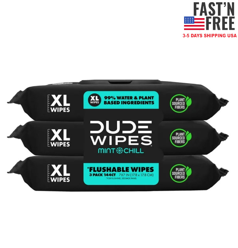 DUDE Flushable Wipes, Extra Large Mint Chill Wet Wipes, 48 Count, 3 Pack (144)
