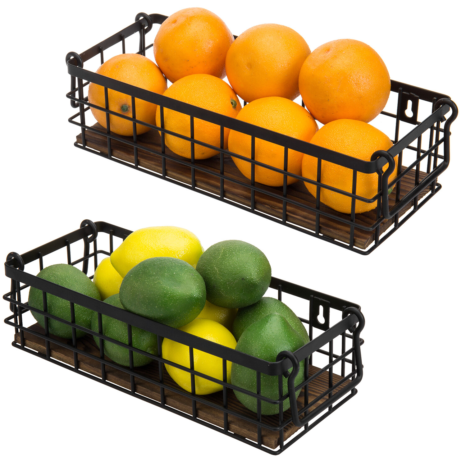 MyGift Set of 2 Black Metal Wire and Burnt Wood Storage Baskets with Handles