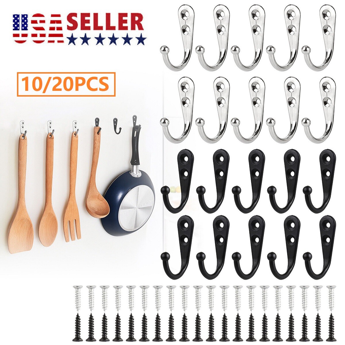 20PCS Towel Coat Heavy Duty Stainless Steel Door Wall Mount J Hook Hanger Holder