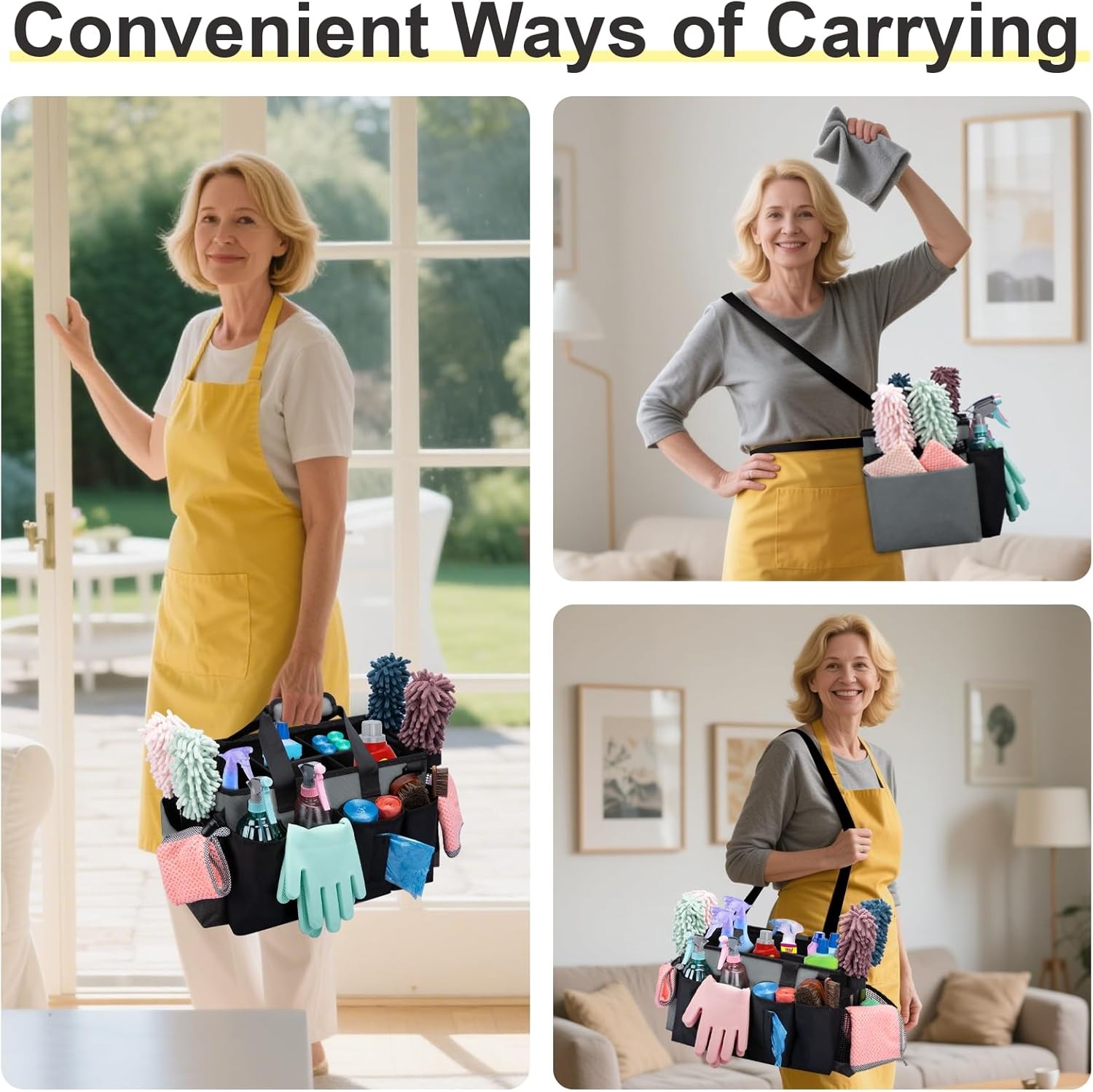 Wearable Cleaning Caddy Bag with Straps Black Gray for Housekeeper Supplies