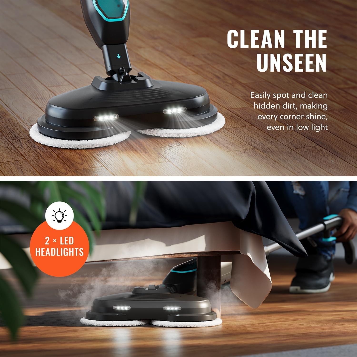 Pursteam ScrubMaster Steam Mop with Dual Scrubbing Head, LED Headlights
