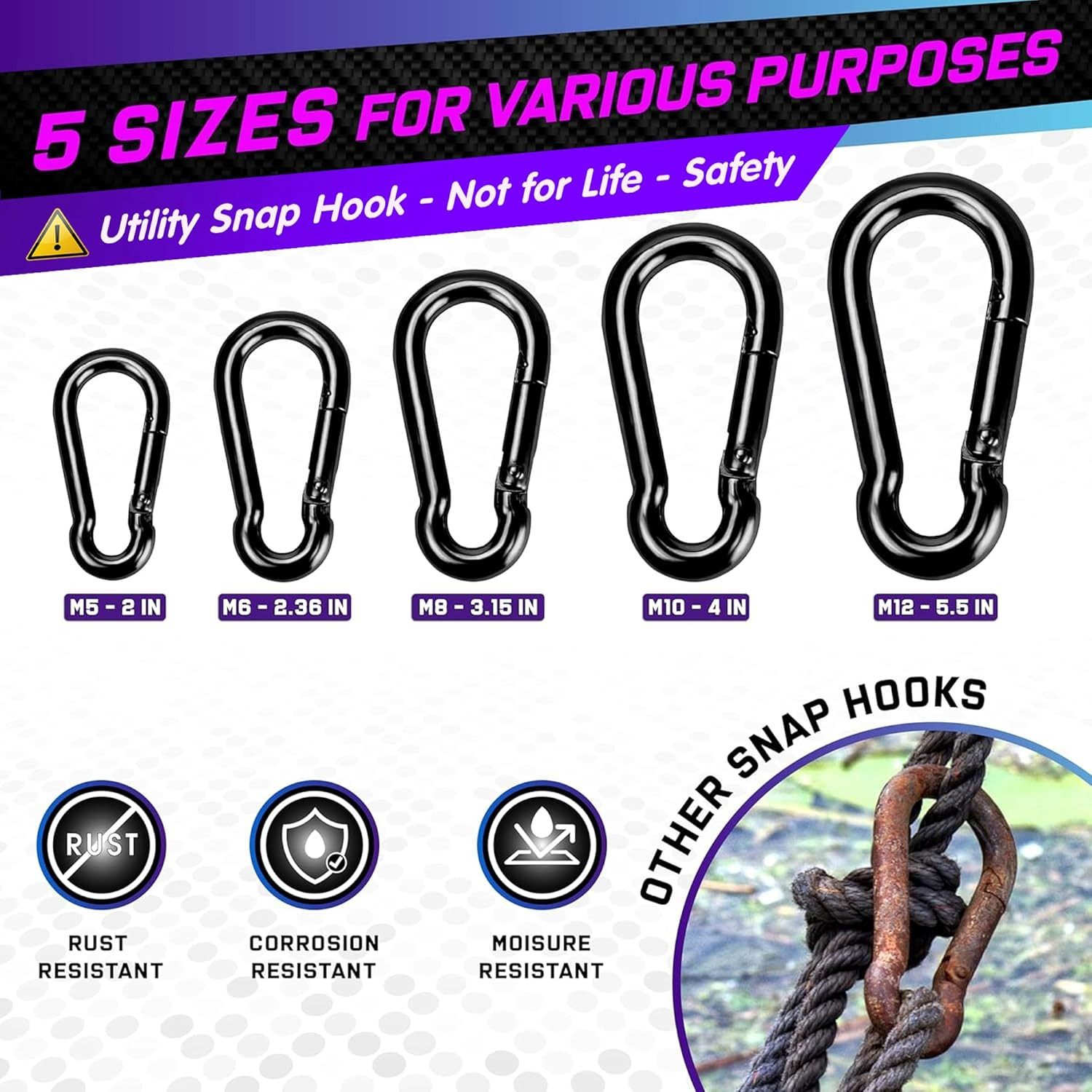 2Pcs 5.5In Spring Snap Hooks 1000LBS Capacity, Utility Hook Clip, Heavy Duty Ro