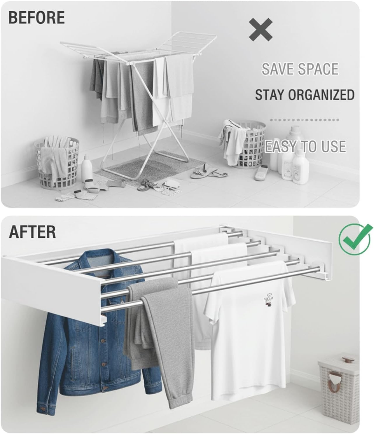 Wall Mounted Stainless Steel Clothes Drying Rack 32″, Foldable Collapsible