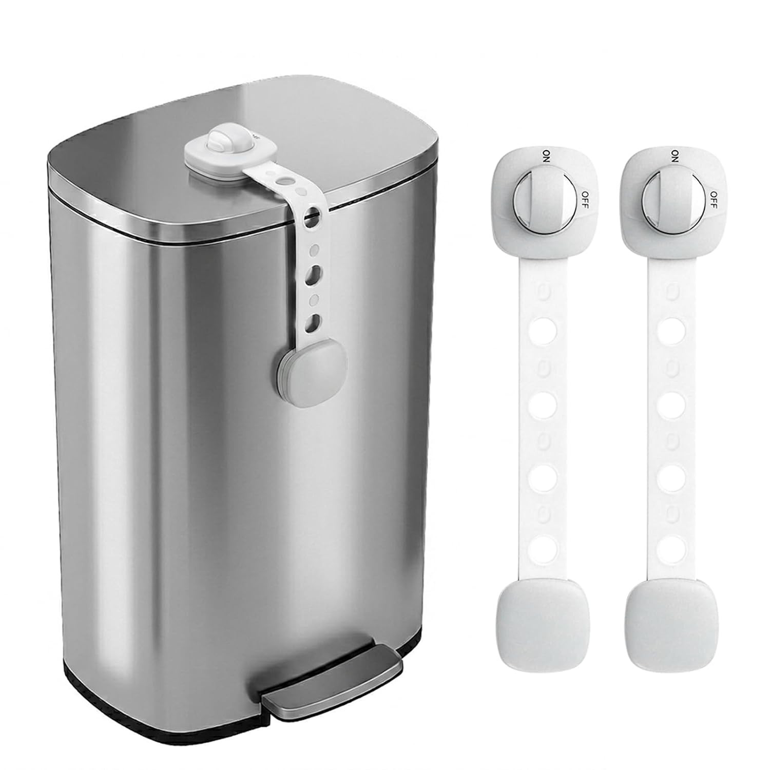 Gray Trash Can Lock Strap 2 Pack – Dual Button Child Proof Garbage Can Lid Lock