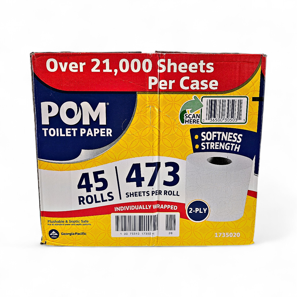 POM 2-Ply Toilet Paper Rolls Individually Wrapped Bathroom Tissue – 45 Count