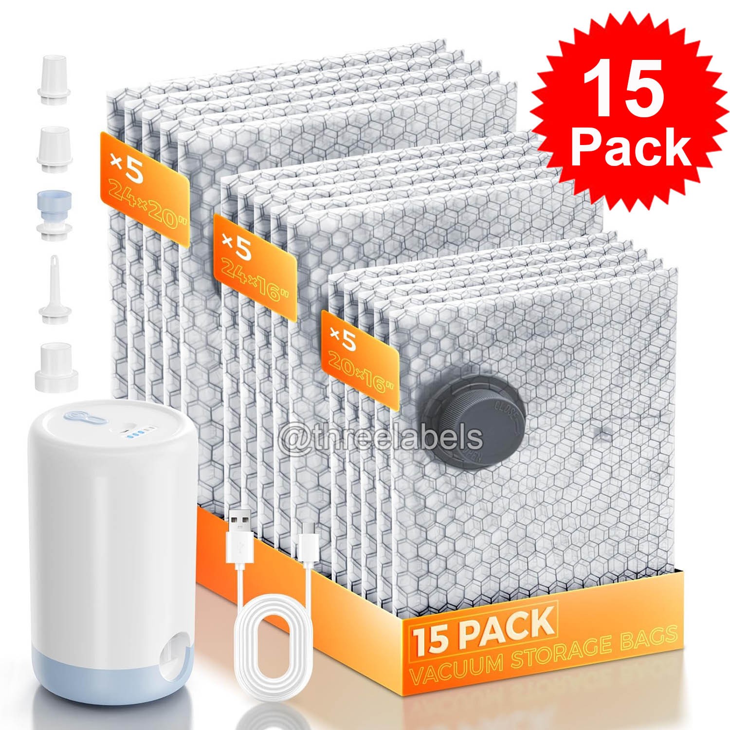15 Pack Travel Vacuum Bags with Rechargeable Wireless Pump Clothing Seal Bag USA