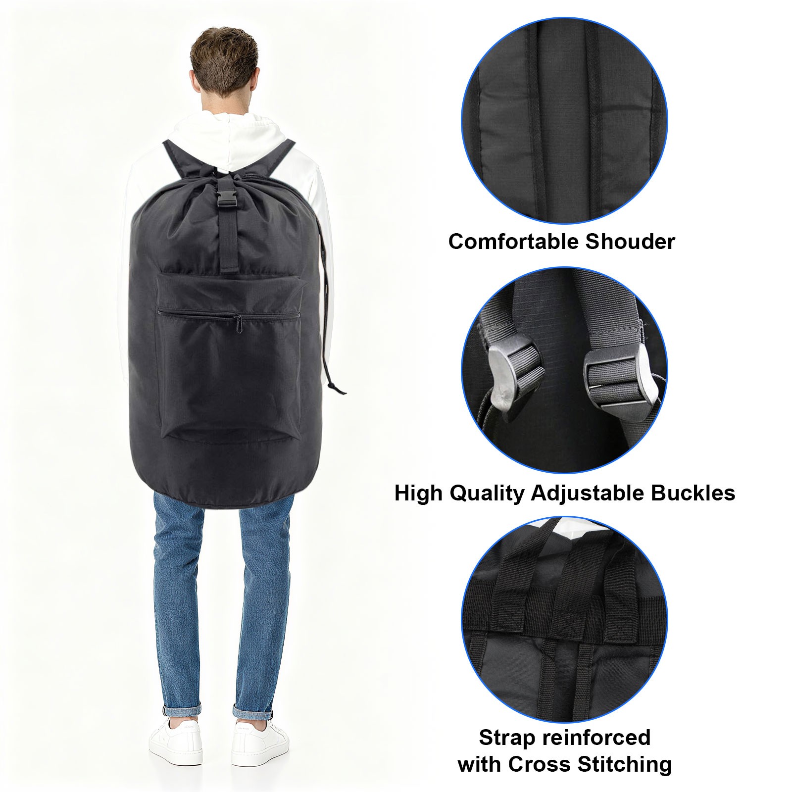 Heavy Duty Large Laundry Bag Backpack Oxford Fabric w/ Buckle Drawstring Closure