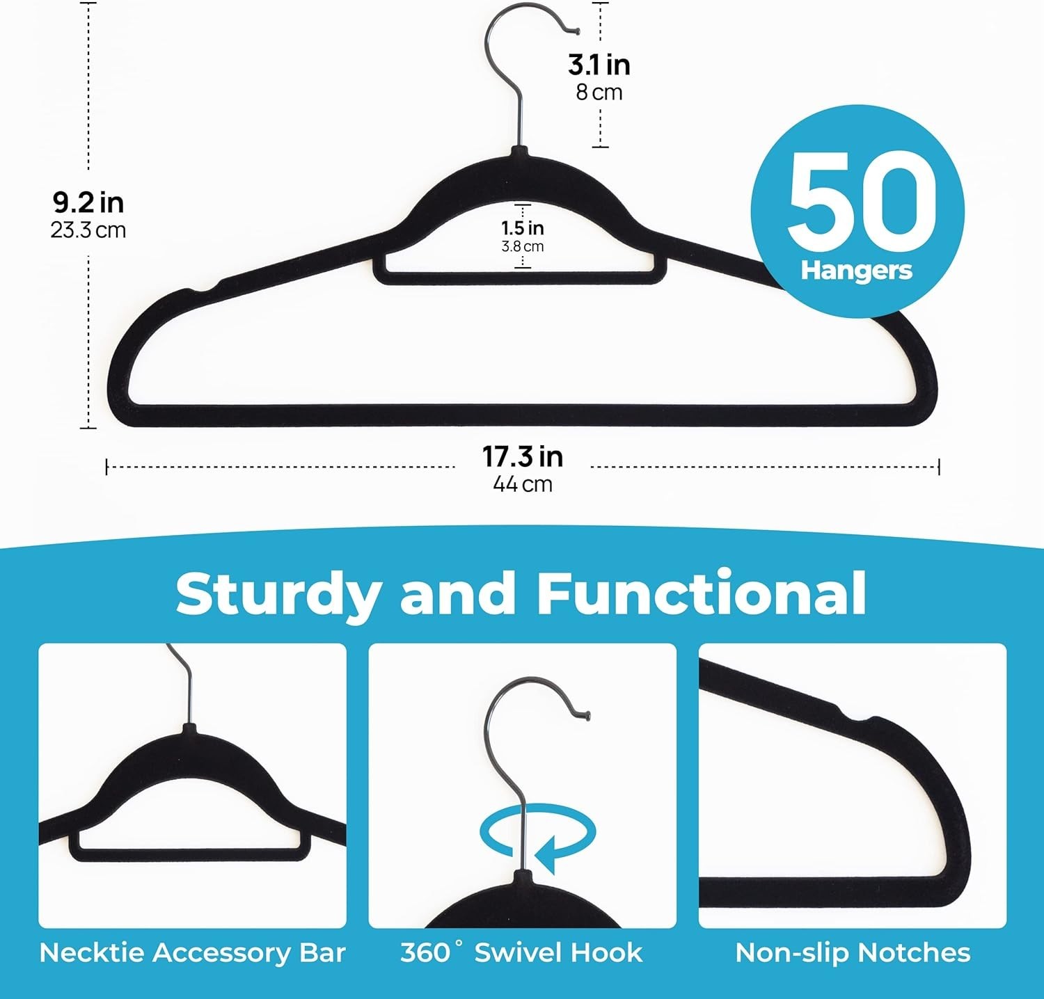 Fontaines Luxury Black Velvet Felt Non Slip Clothes Hangers 50 Pack – Ultra Slim