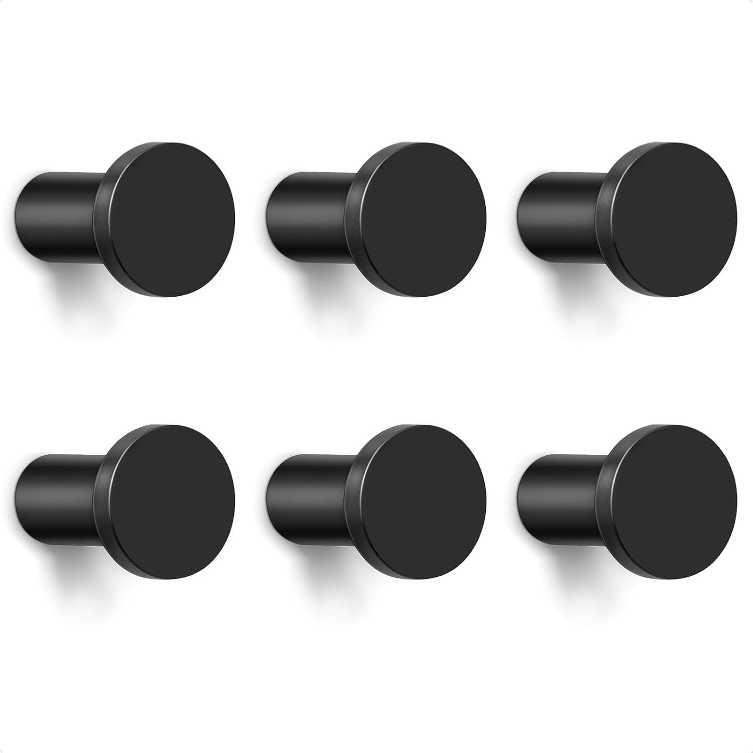6 Pack Black Coat Hooks Wall Mount Minimalist (1″ Diameter) | Machining of Solid