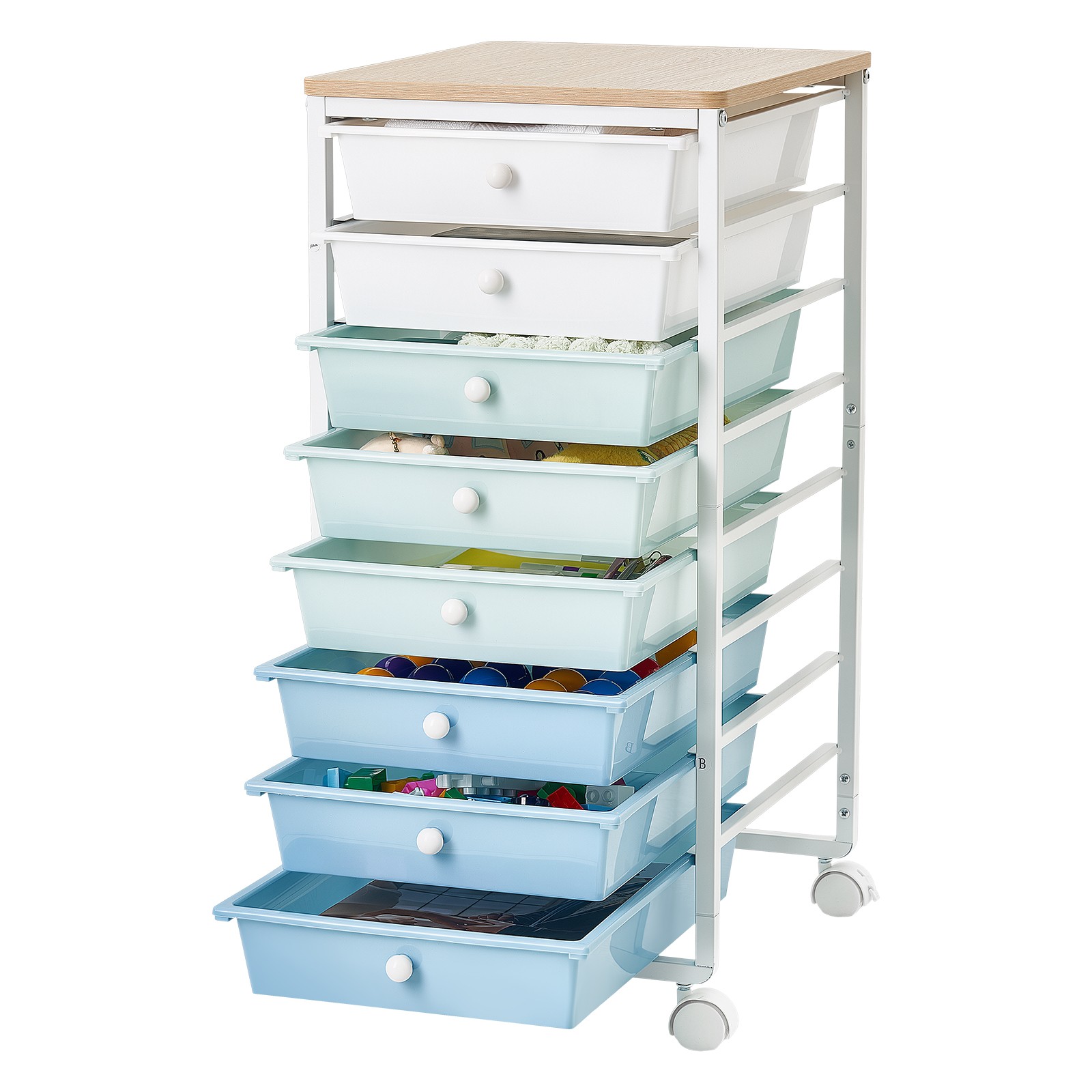 Uimoso Rolling Cart with 8 Drawers and Wooden Top in Green and Blue