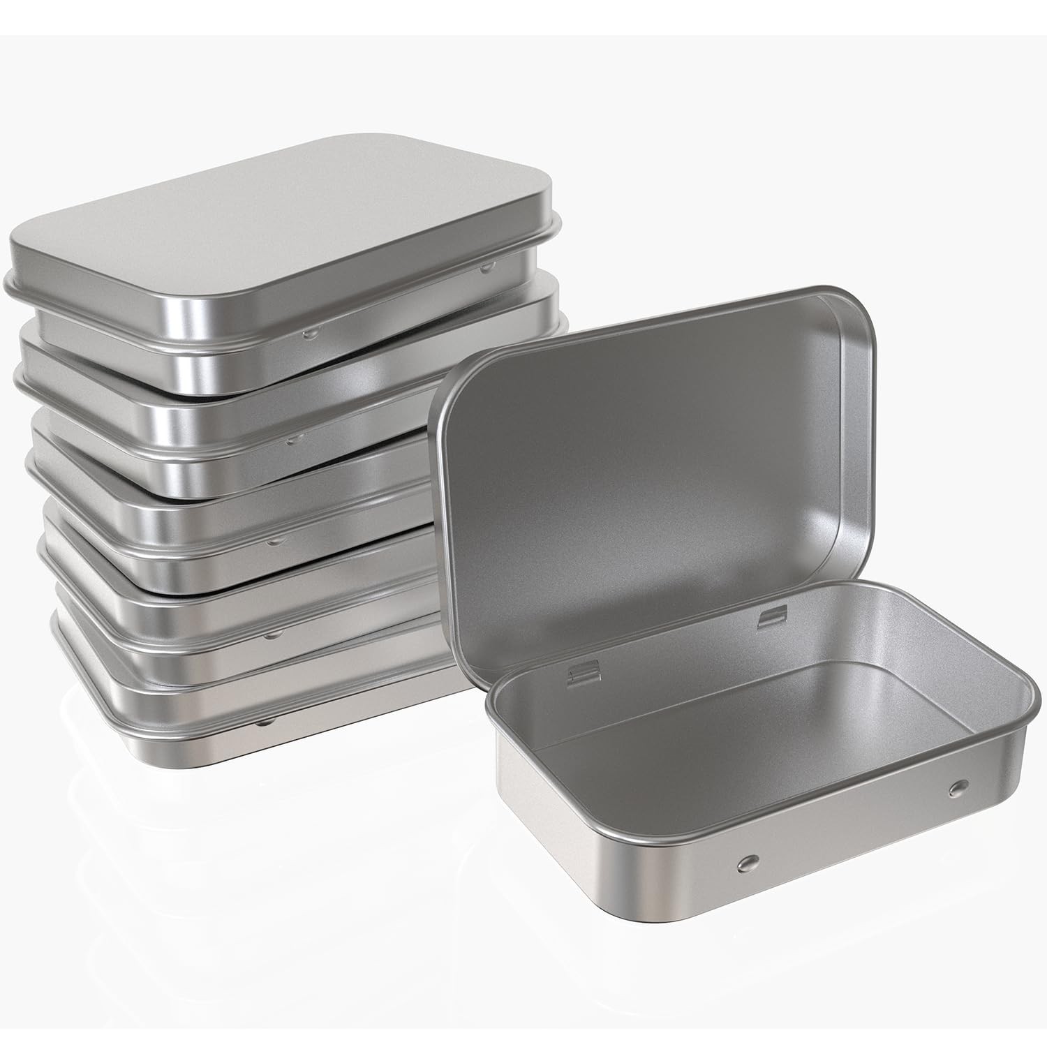 Hulless Small Hinged Tin Box Metal Tins 3.8” X 2.6” (6 Count), Silver
