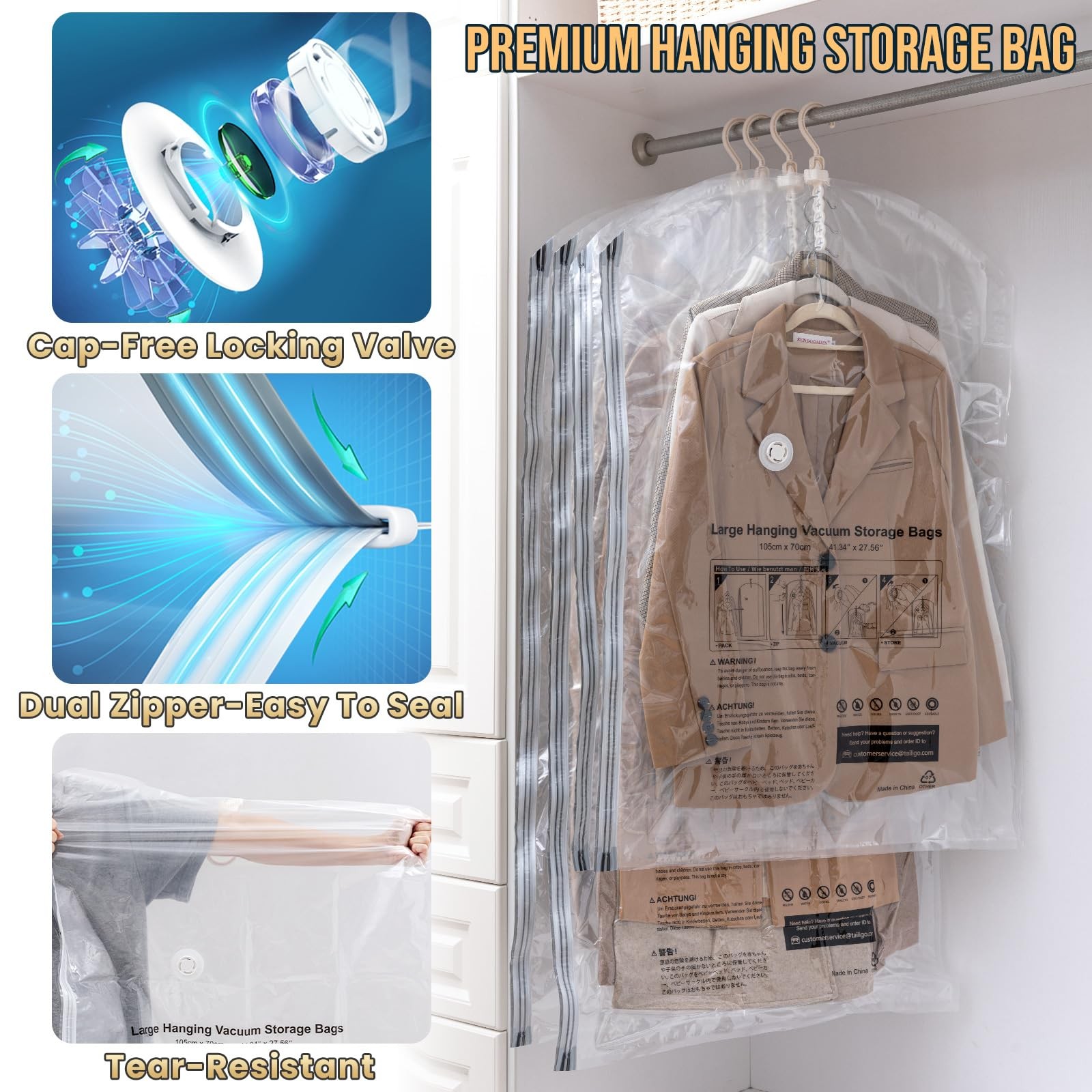 TAILI Hanging Vacuum Storage Bags with Electric Air Pump, Vacuum Seal Bags fo…