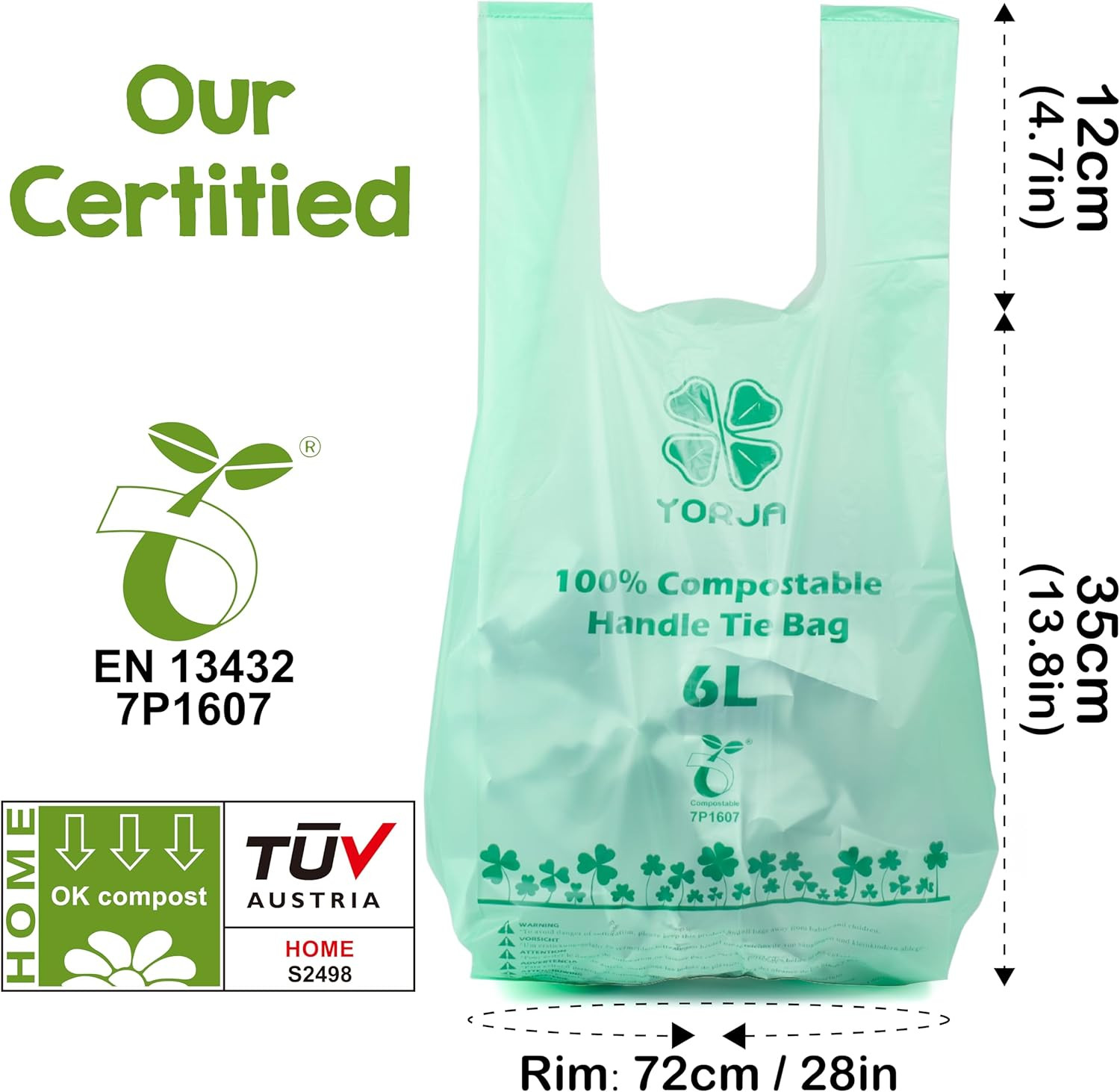 1.6 Gallon Tie Handles Compost Trash Bags 120 Food Scrap Bags, Compostable Kitch