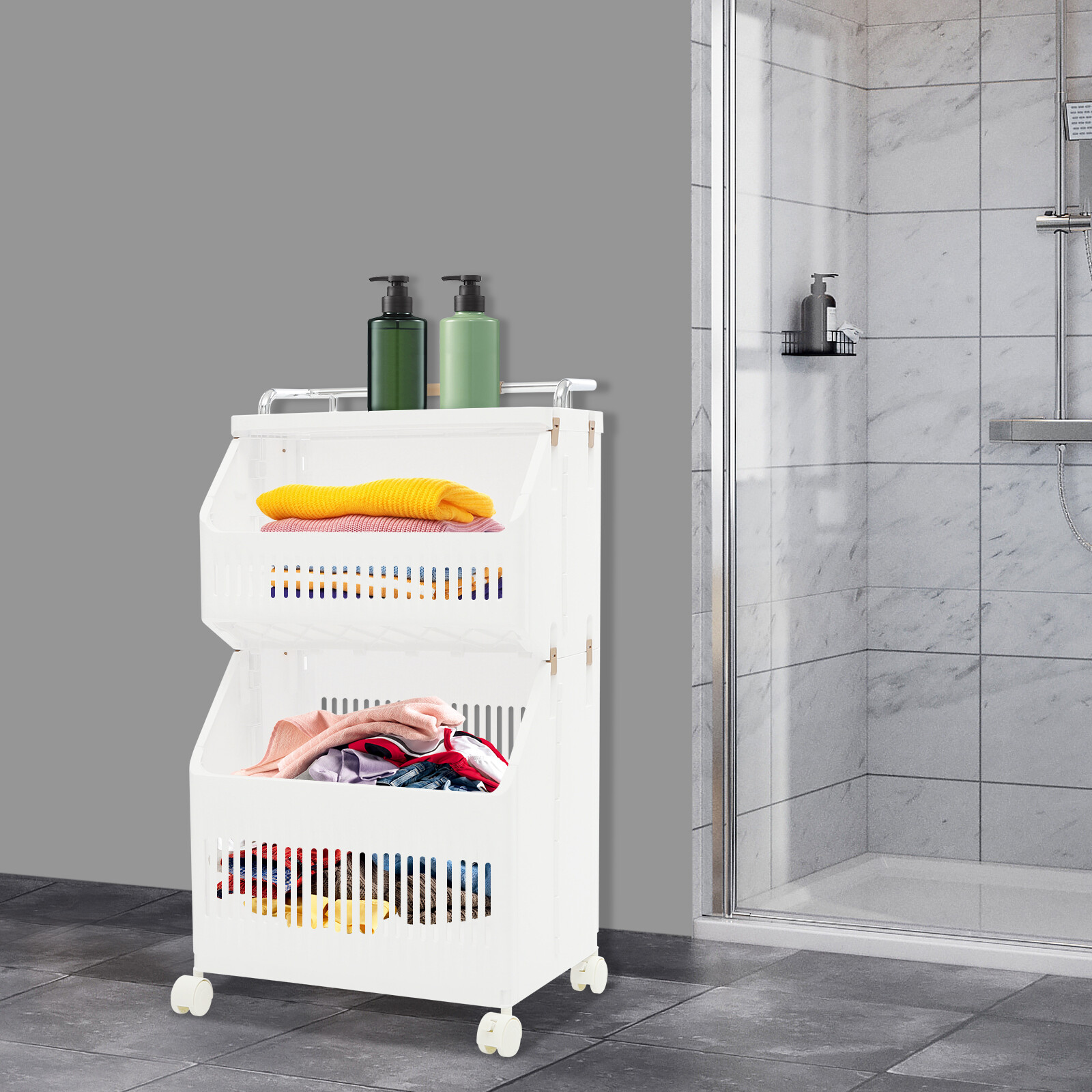 2-tier Clothes Basket Rolling Laundry Basket Collapsible Laundry Hamper Storage