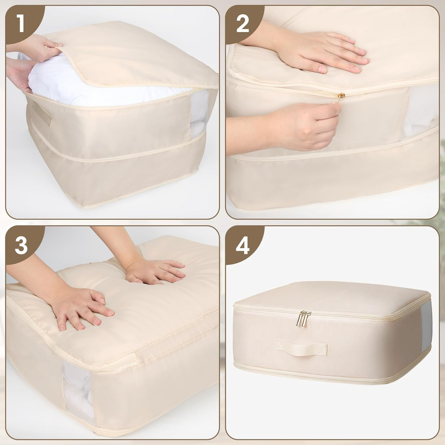 4 Pack Comforter Storage Bag, 68L Blanket Storage Bags Self Compression Comforte