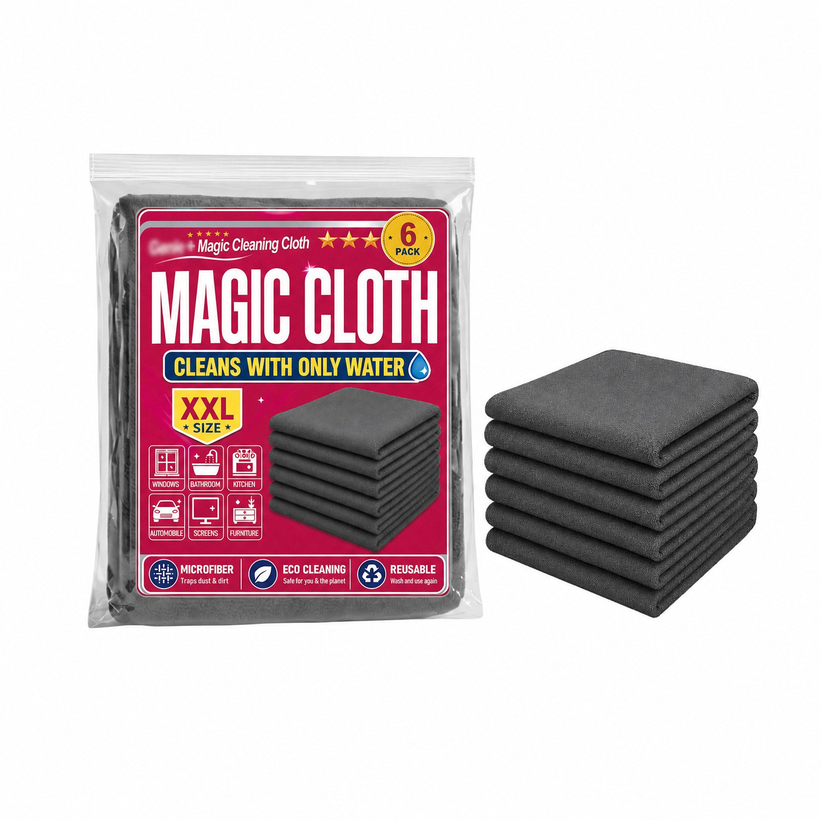 Genie Magic Cleaning Cloth 6-Pack,Microfiber Cleaning Cloths ,Reusable