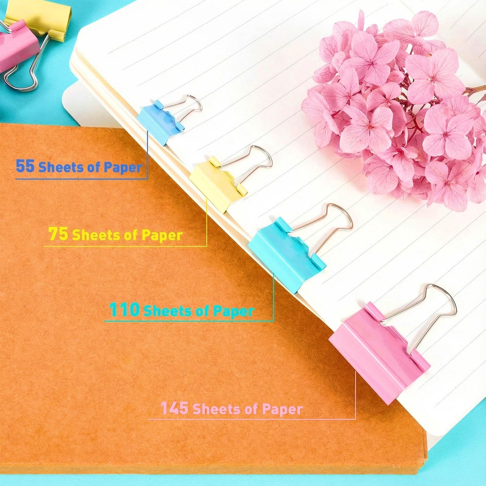180 Pcs Binder Clips Assorted 4 sizes, 0.59in, 0.75in, 1 in, 1.26 Colored