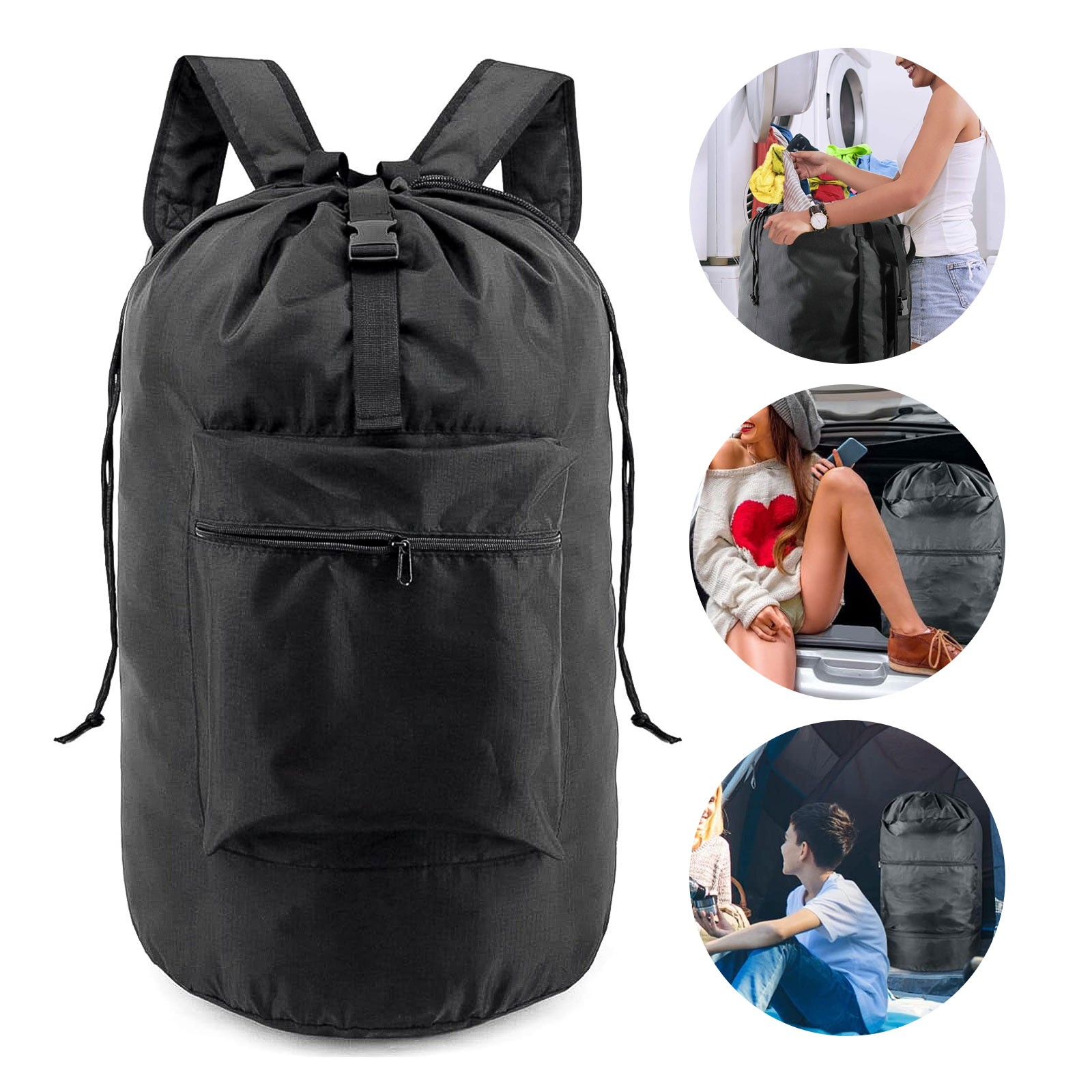 Heavy Duty Large Laundry Bag Backpack Oxford Fabric w/ Buckle Drawstring Closure