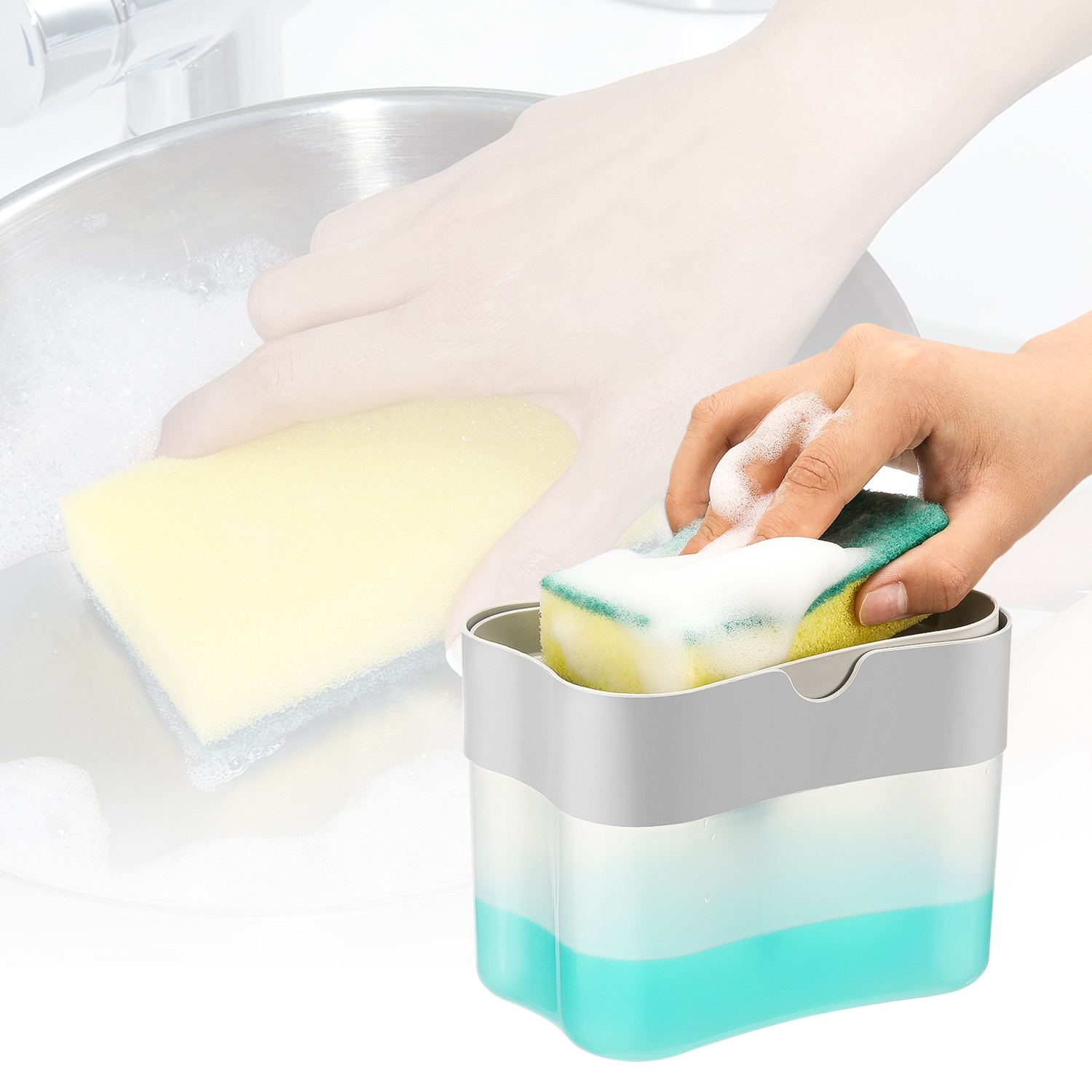 2-in-1 Kitchen Dish Soap Dispenser with Sponge Holder ABS Sink Organizer Rack x1