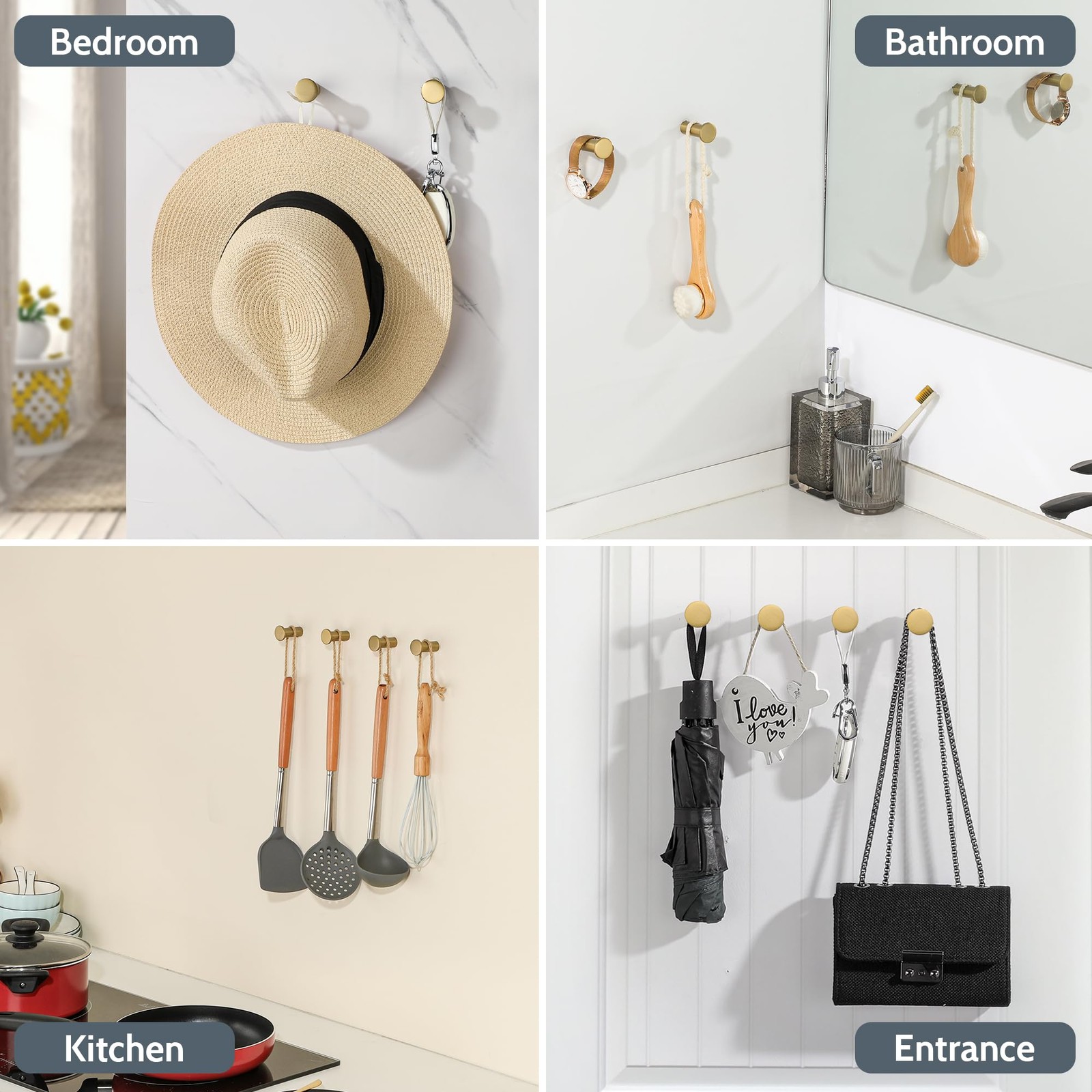 4 PCS Gold Coat Wall Towel Hooks SUS 304 Stainless Steel Heavy Duty Robe