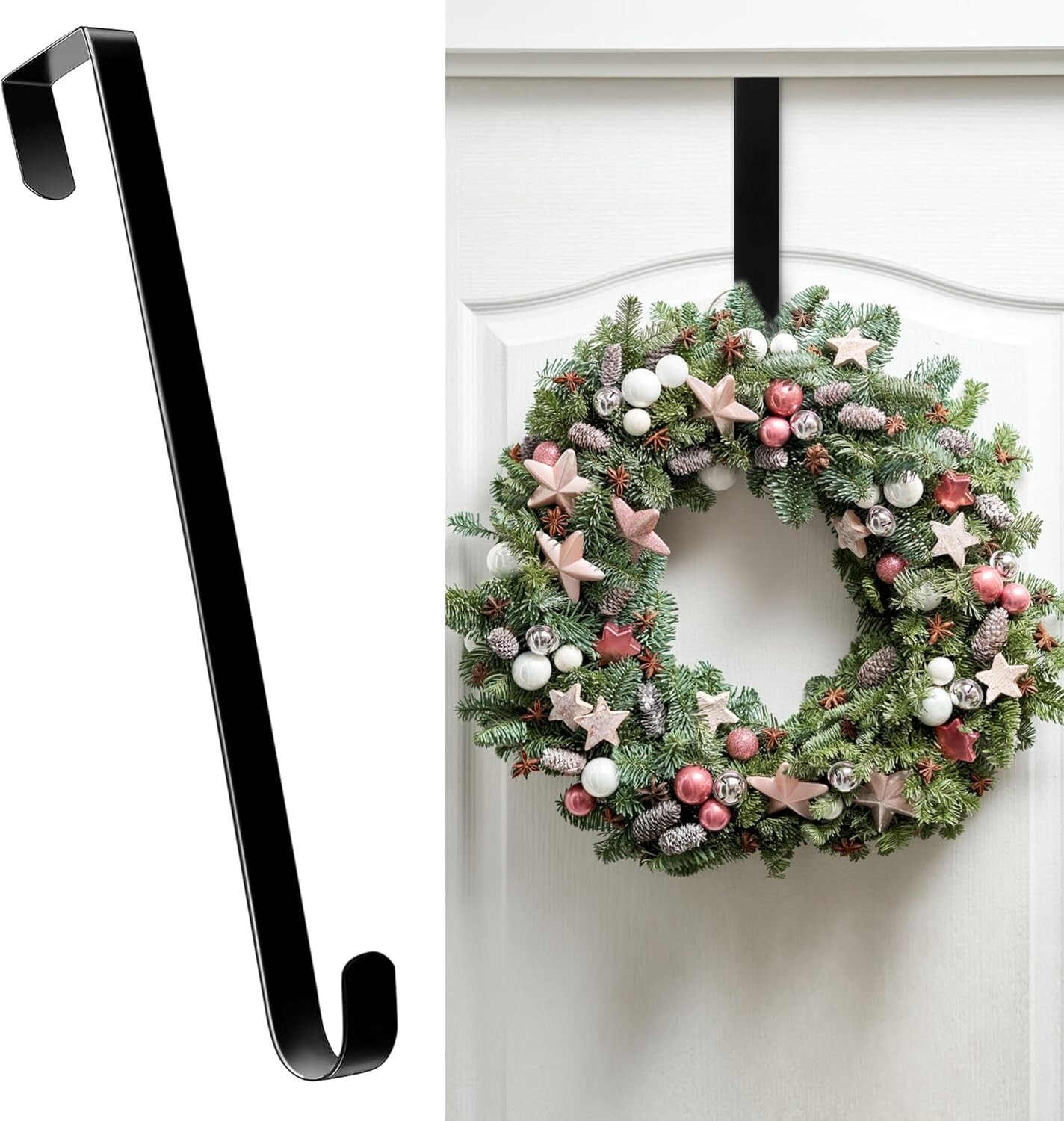15″ Wreath Hanger for Front Door Metal Over The Door Single Hook Black Christmas