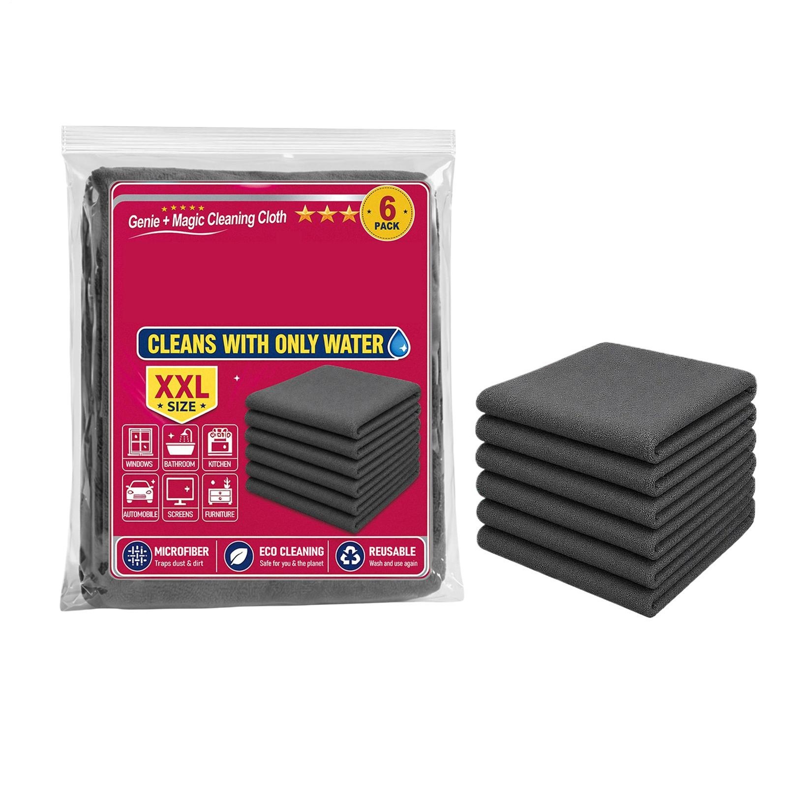 Genie Magic Cleaning Cloth, 6 Pack Microfiber Cleaning Cloths, Streak-Free & Lin