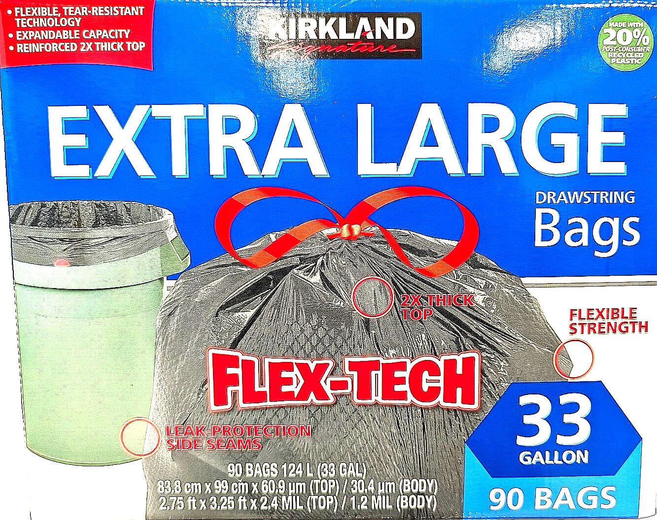 Kirkland Signature Flex-Tech Extra Large Drawstring Bags 33 Gal 90 Bags