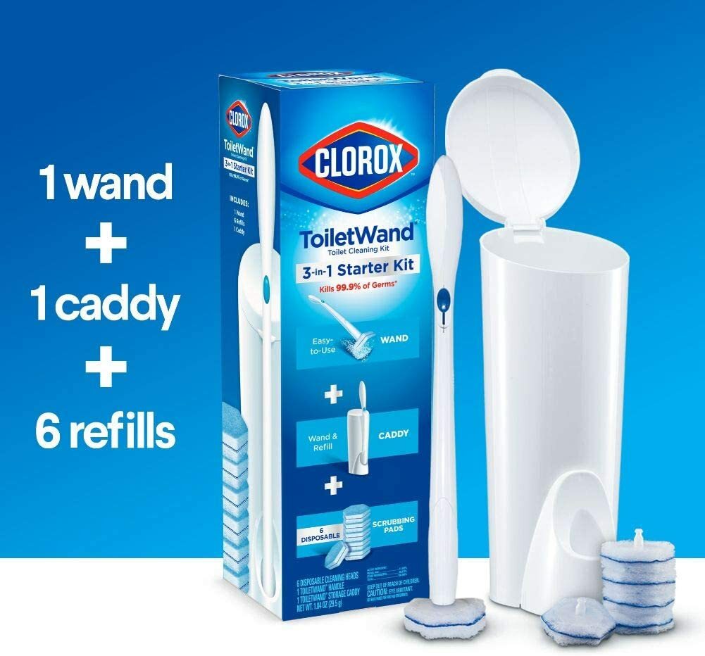 CLOROX 3-IN-1 Toilet Cleaning STARTER KIT ~ WAND + CADDY + 6 SCRUBBING PADS