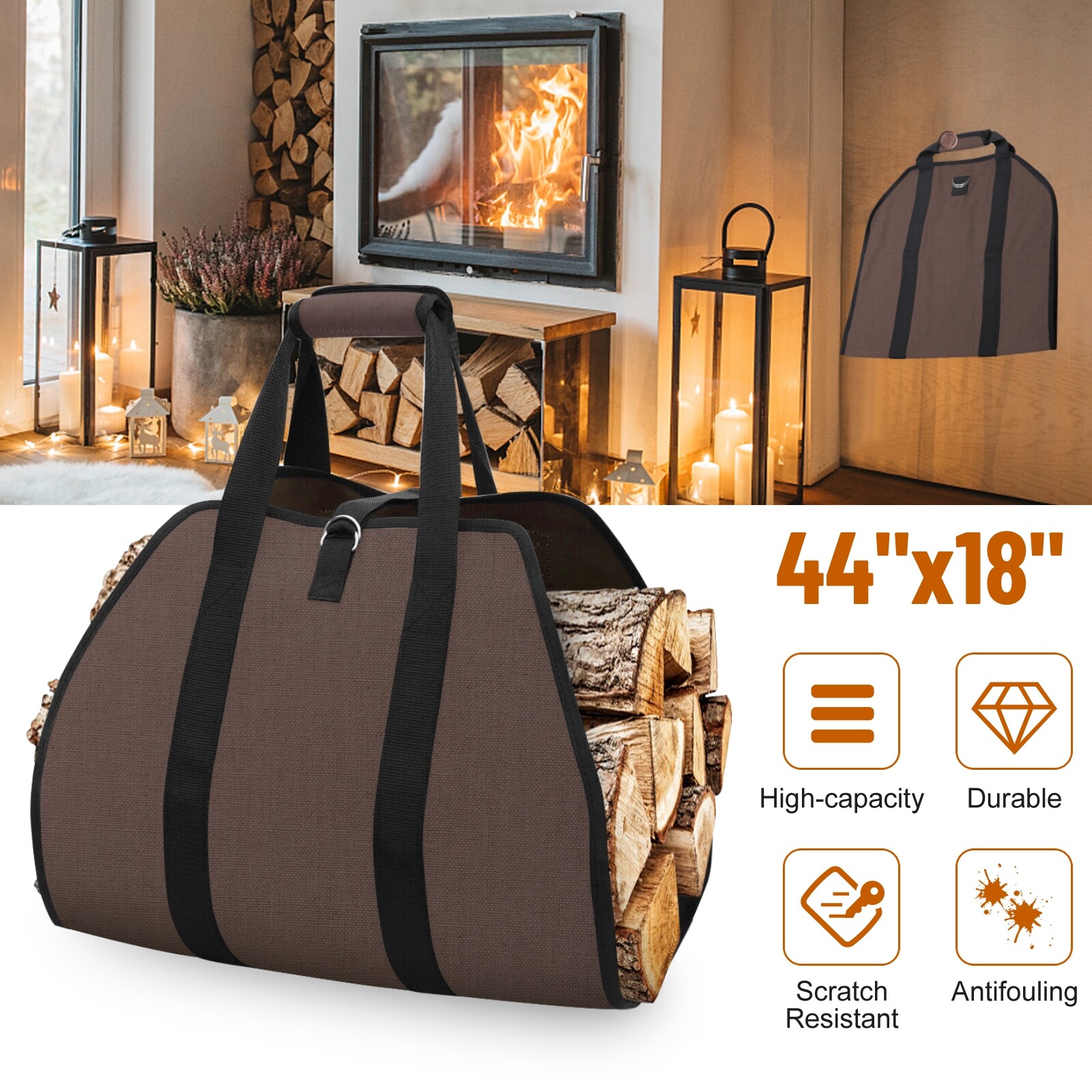 Firewood Log Carrier Bag Heavy Duty Waxed Canvas Tote Holder for Outdoor Camping