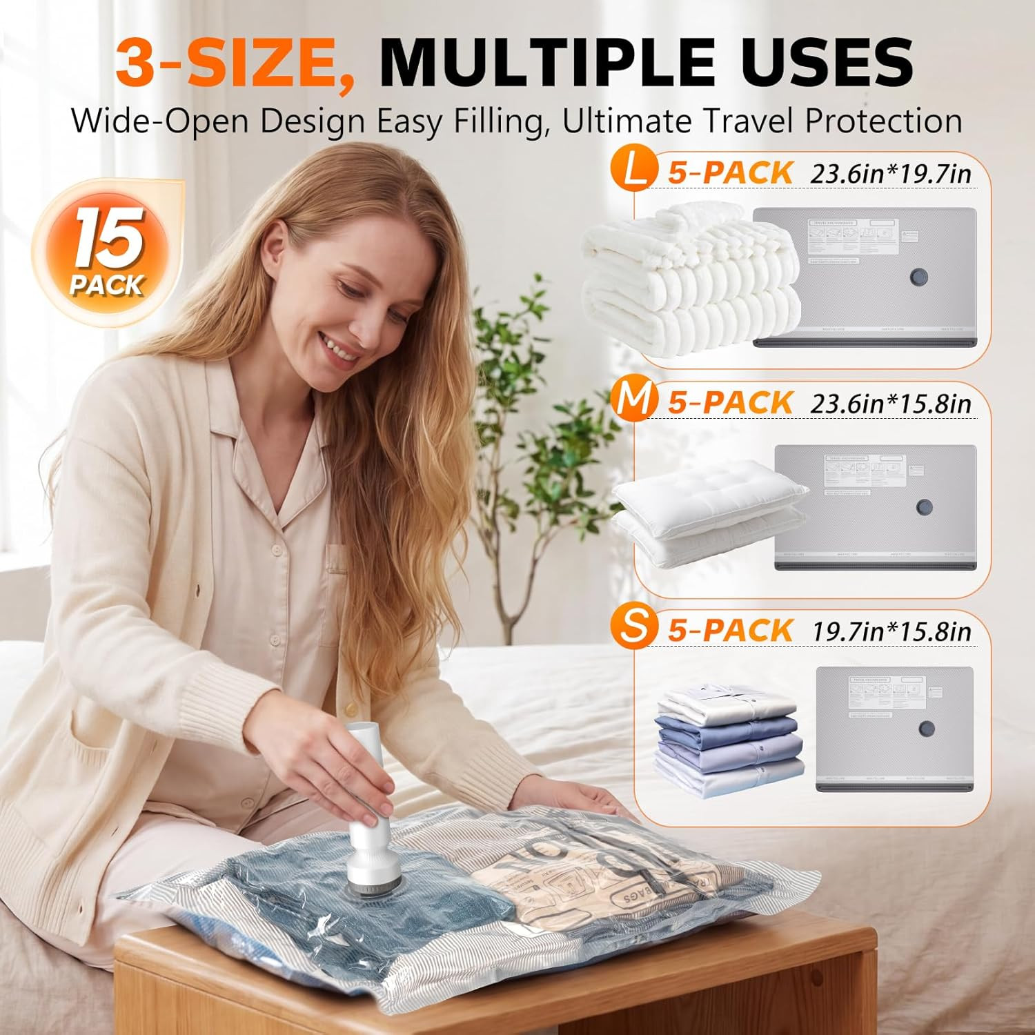 15 Pack Vacuum Storage Bags for Travel with Rechargeable Cordless Pump, Space Sa