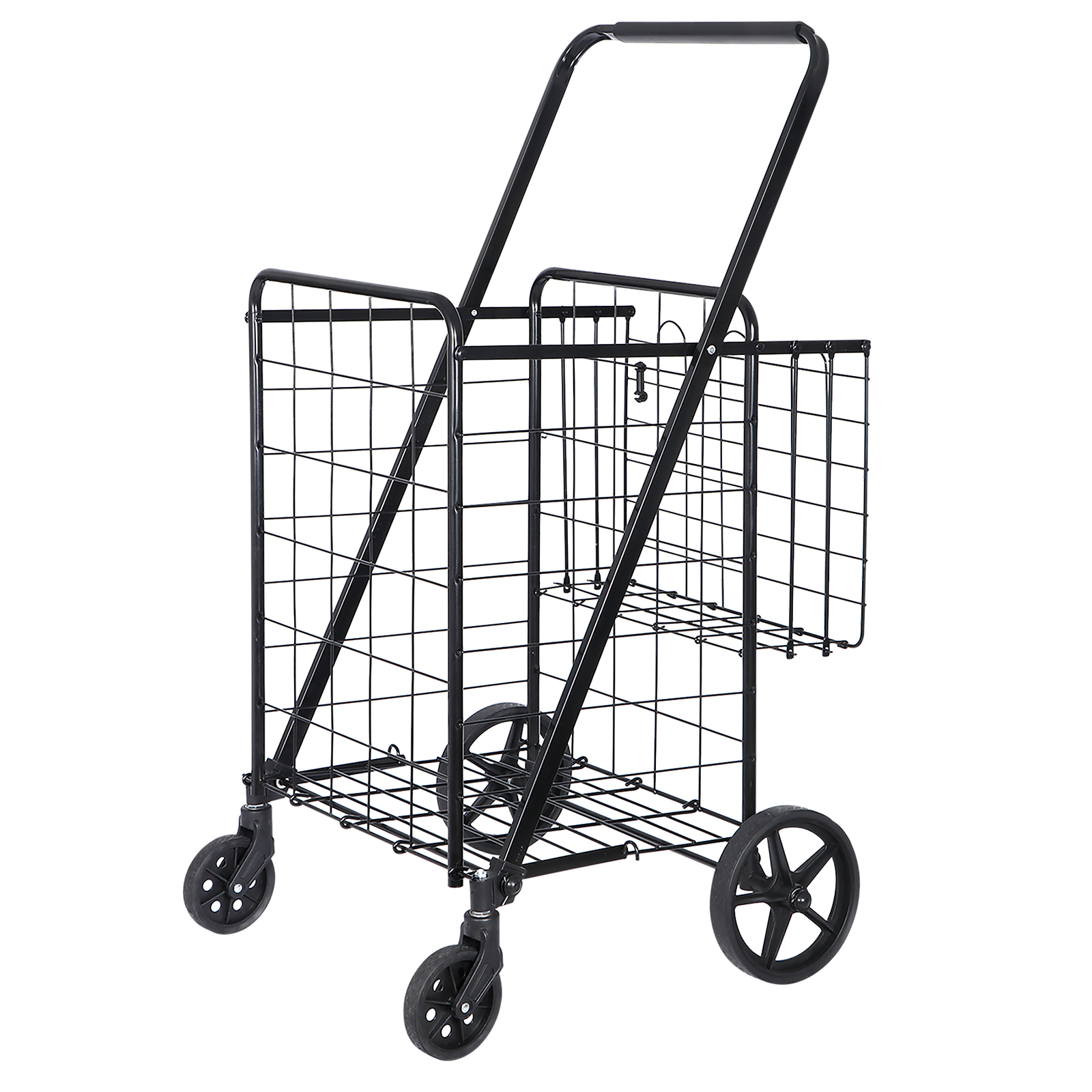 Folding Shopping Cart Rolling Trolley Utility 2 Basket W/Wheel for Laundry Black