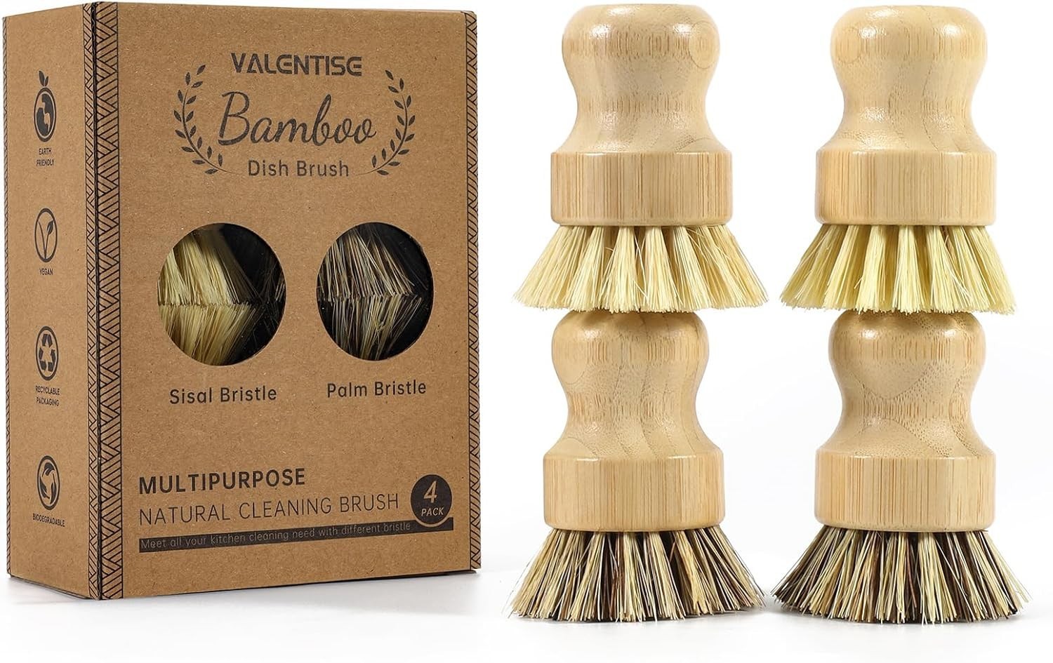 4 Pack Bamboo Dish Brush Set Natural Palm Dish Scrubber for Pots and Vegetables