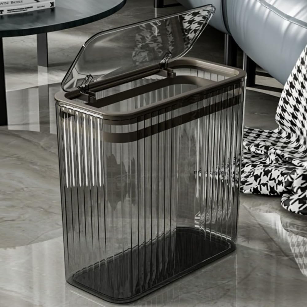 15L/3.5 Gallon Clear Transparent Trash Can Press Top Lid Wastebasket Gray