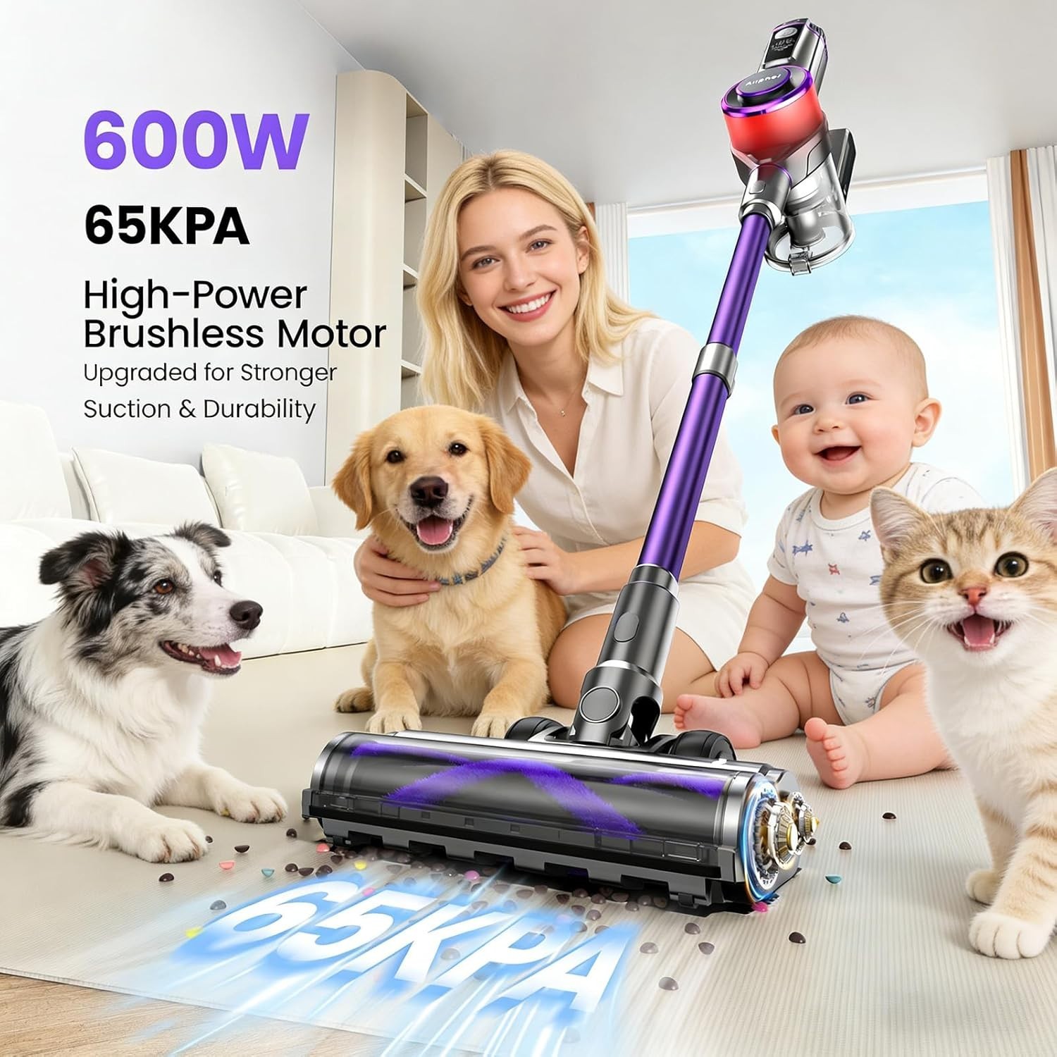 Cordless Vacuum Cleaner,75Min Runtime,600W 65KPA Dual Motor Pet Hair Vacuum