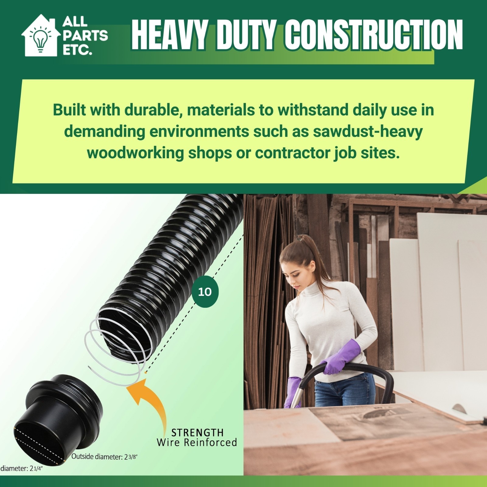 2-1/2″ x 10 ft Vacuum Dust Collection Hose – Compatible with Wet/Dry Shop Vacuum