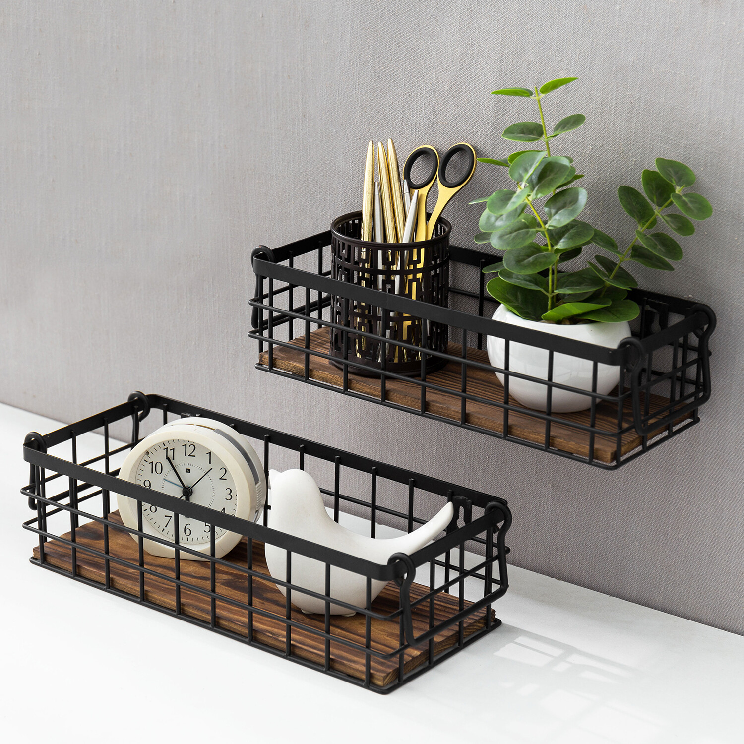 MyGift Set of 2 Black Metal Wire and Burnt Wood Storage Baskets with Handles