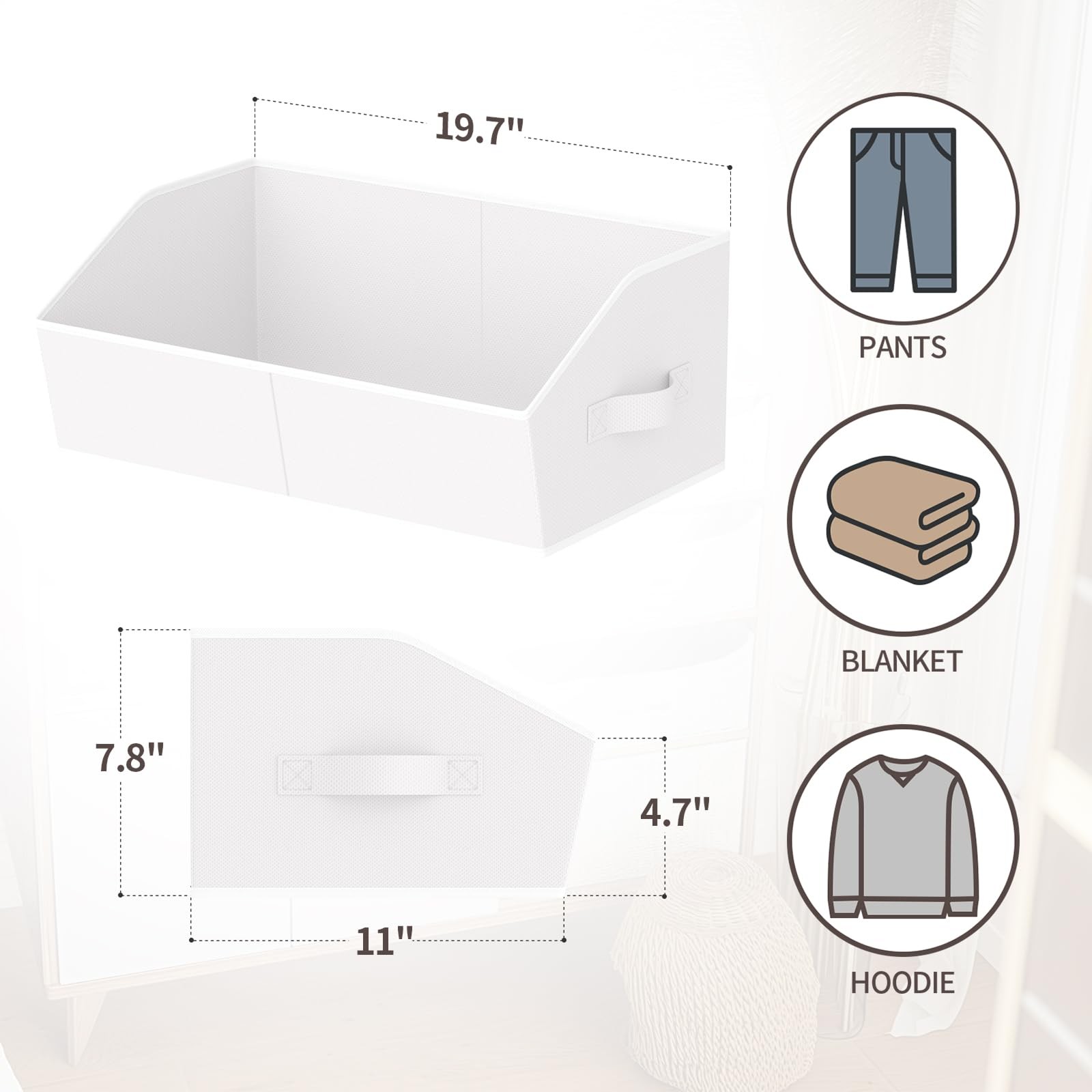 3 Pack White Trapezoid Fabric Storage Baskets Handle Decorative Shelf Box