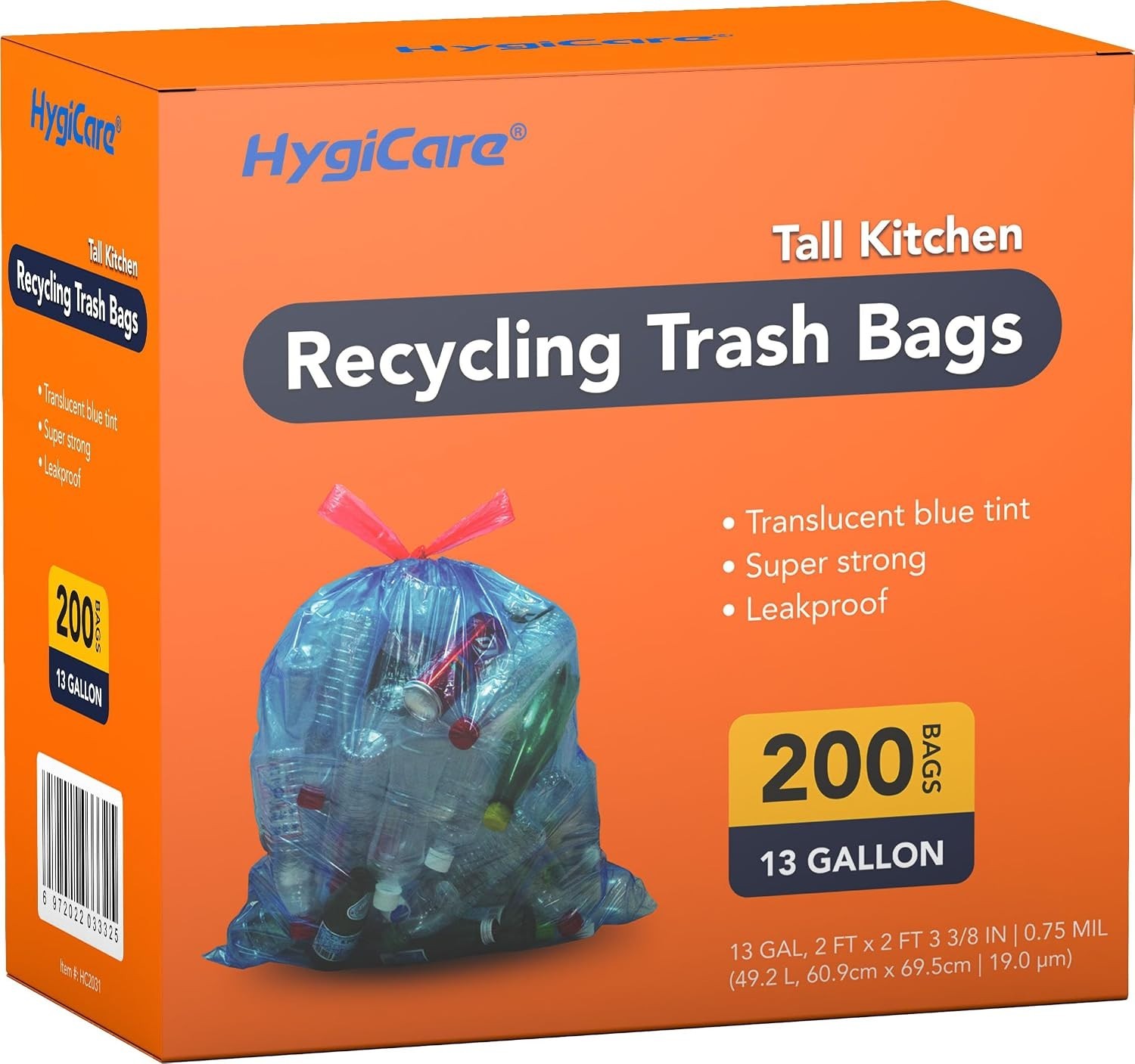 13 Gallon Recycling Trash Bags, Unscented 200 Count Drawstring Tall Kitchen Garb