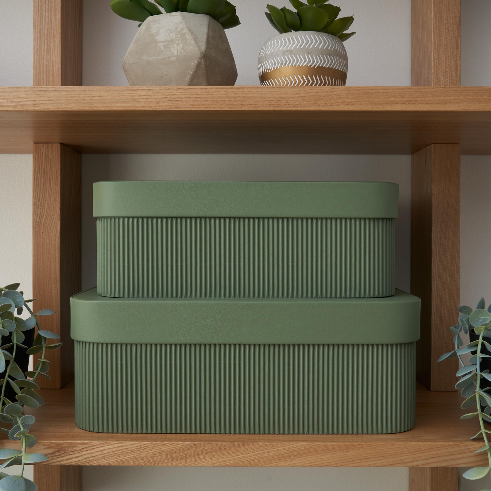 Decorative Storage Boxes with Lids, Set of 2 Fluted Cardboard Organizers