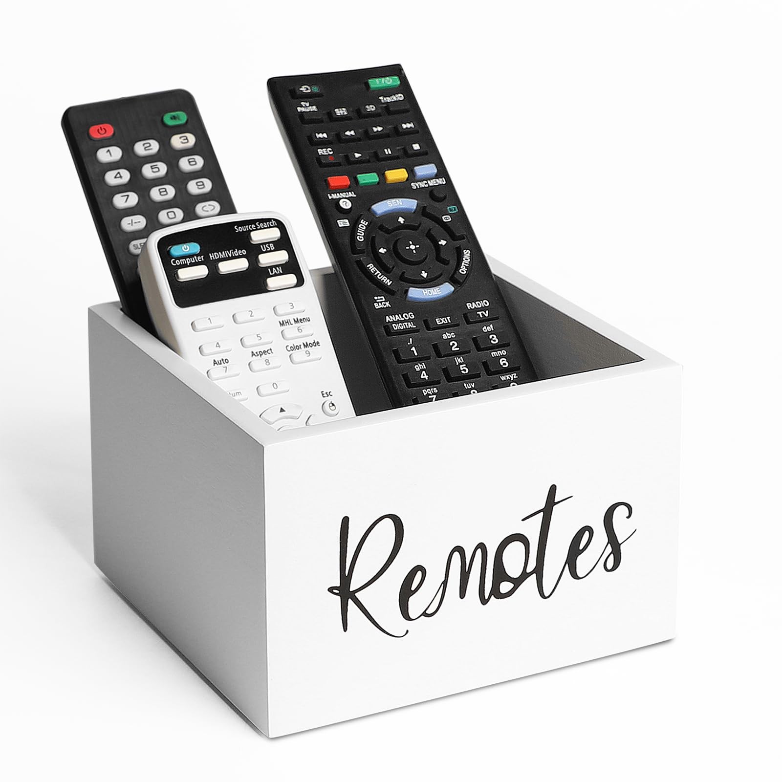 Size M Wooden TV Remote Control Holder Desktop Storage Box Organizer White