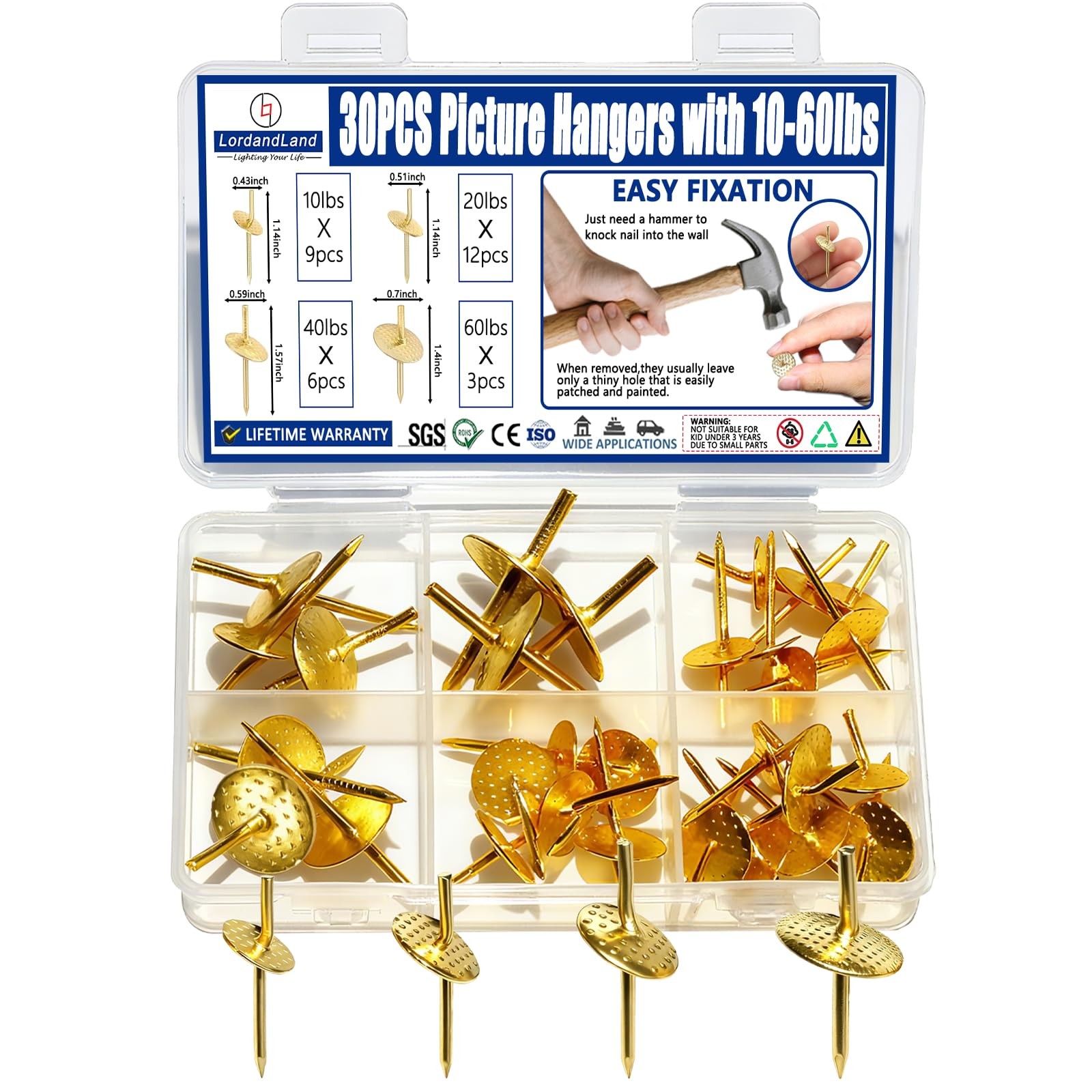 Picture Hangers 30 pcs 10-60lbs 4 Sizes Iron Alloy Hooks – Easy Wall