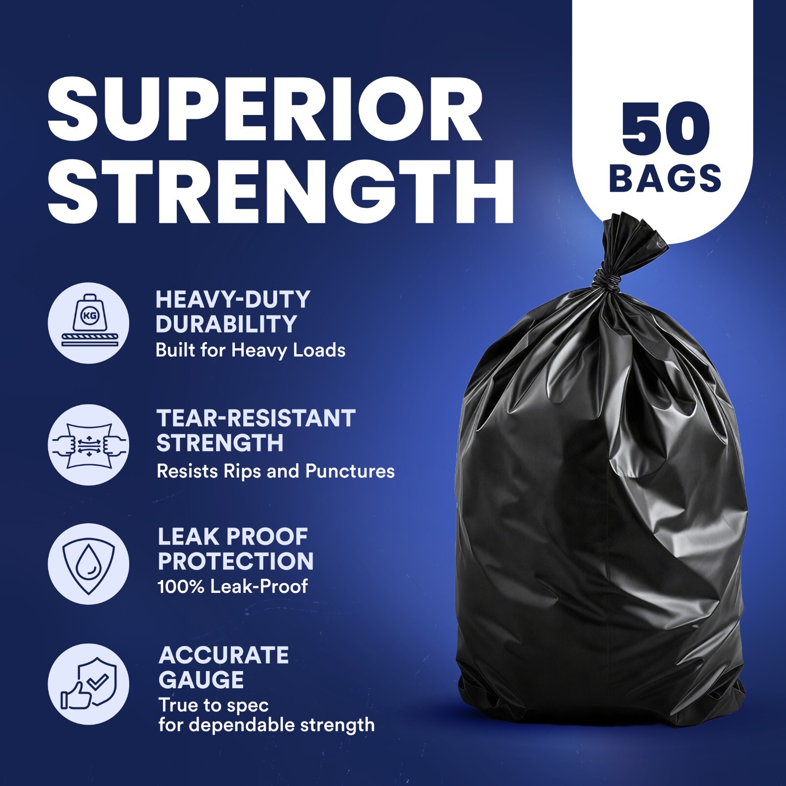 Plasticplace Heavy Duty 55-60 Gallon Black Trash Bags, 1.2 Mil, 50 Count