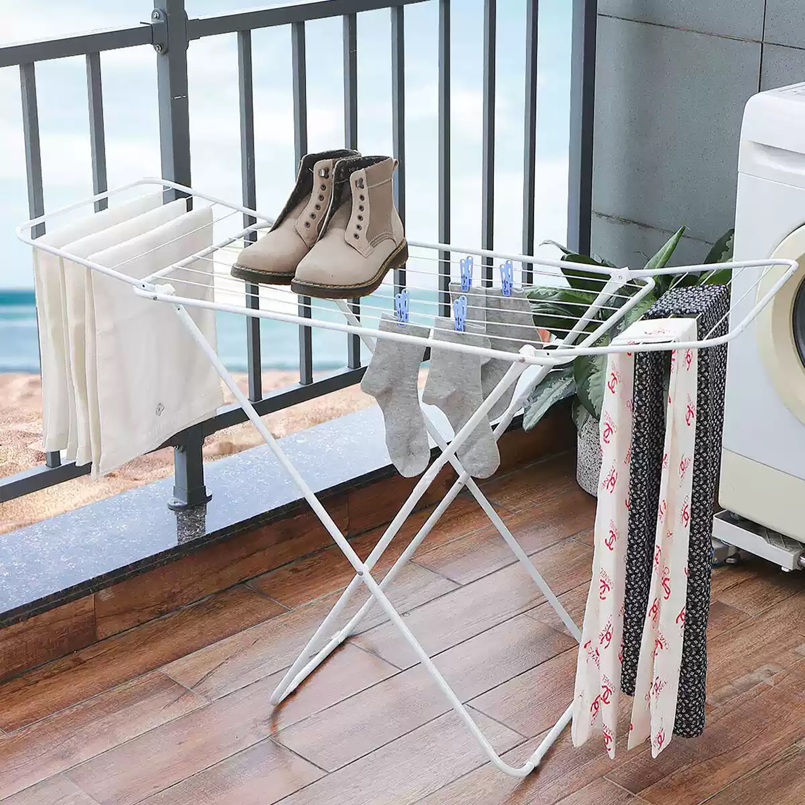 Laundry Drying Rack with Gullwings White Metal Air Dry Folding Stand