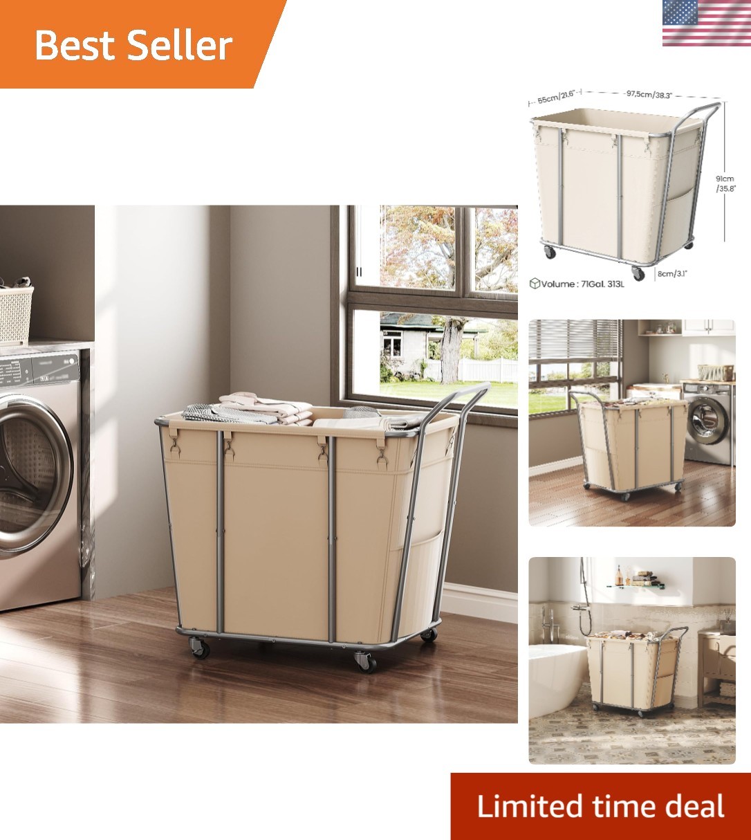 Laundry Sorter Basket Large 313L Rolling Hamper Organizer on Wheels Beige