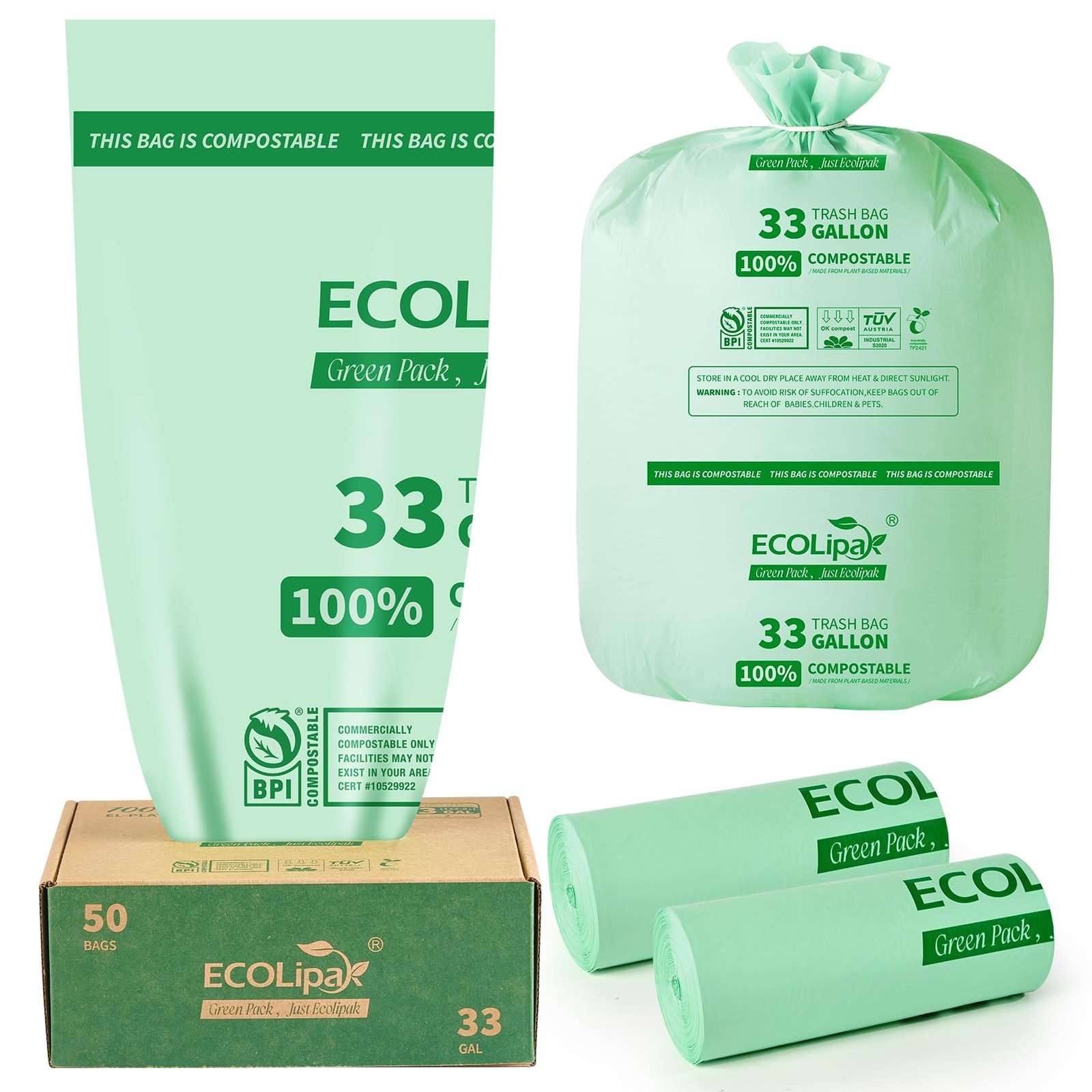 ECOLipak 33 Gallon Compostable Trash Garbage Bags, 50 Count (2 Rolls) Biodegr…