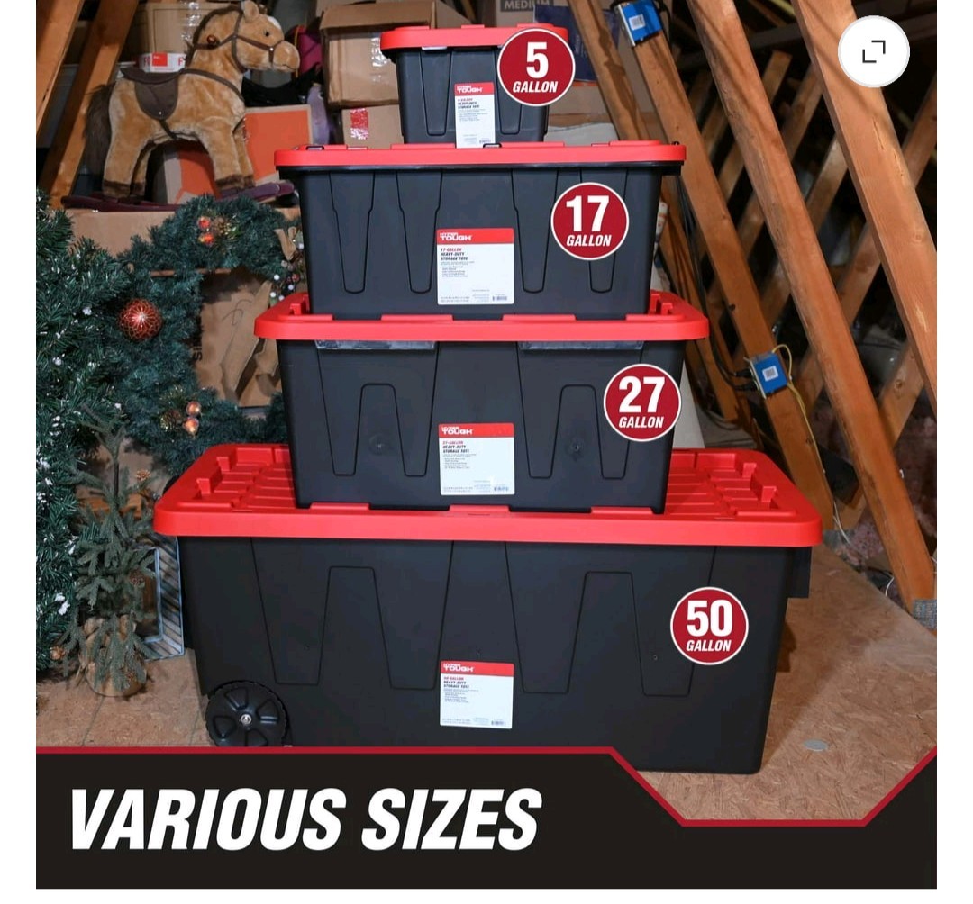 (Pack of 4) Hyper Tough 27 Gallon Large Storage Bin with Snap Lid, Black and Red