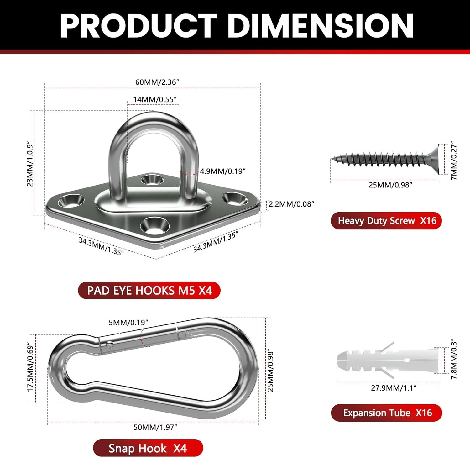 304 Stainless Steel Pad Eye Snap Hooks, M5 Heavy Duty Ceiling Hooks, Set of 8
